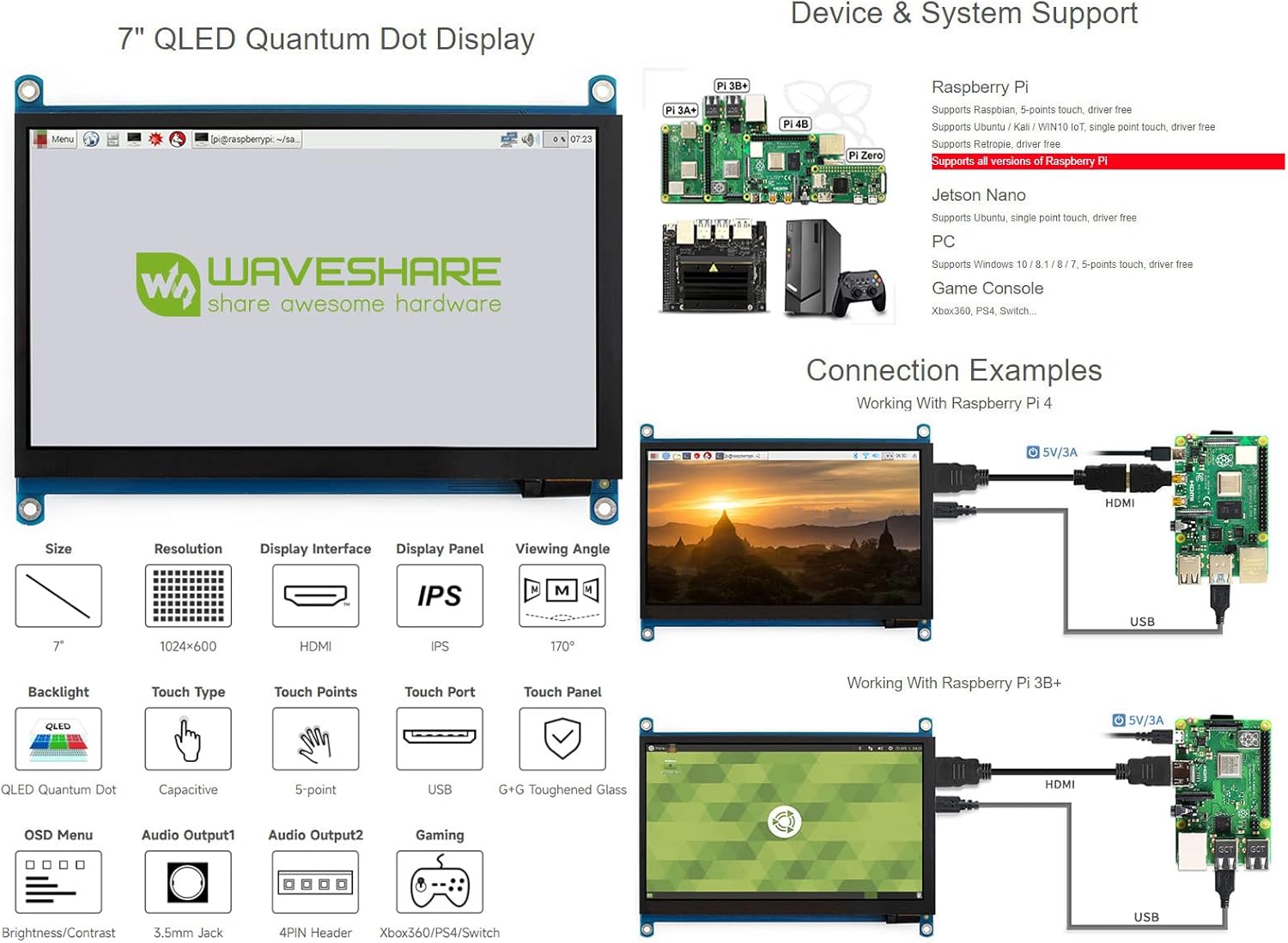 Waveshare 7inch QLED Quantum Dot Display Capacitive Touch Screen 1024×600 G+G Toughened Glass Panel Support Raspberry Pi 5/4B/3B/Zero/Zero W/Zero 2W/Pico/Pico W/Pico WH, Jetson Nano/PC/Game Console