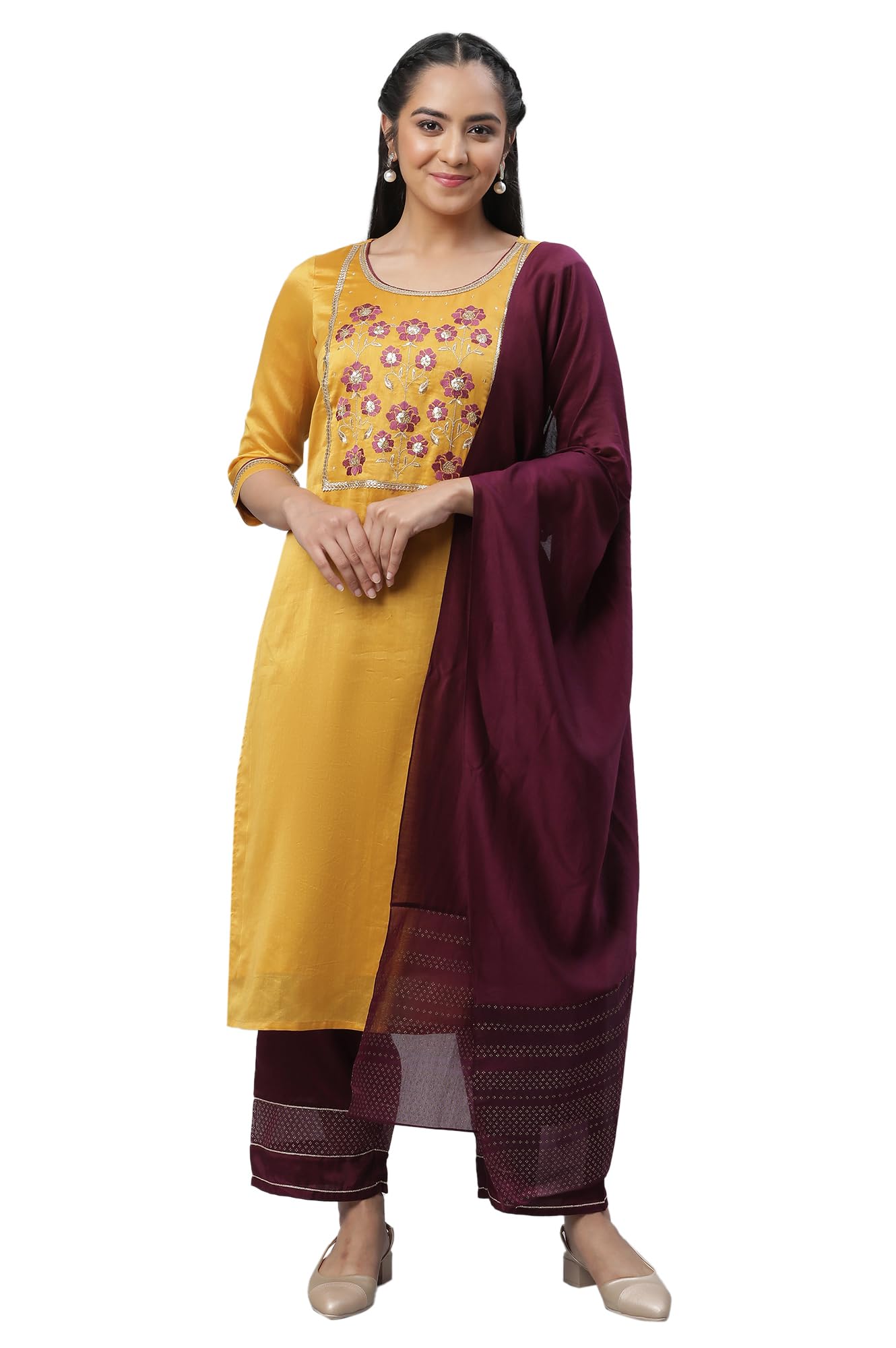 Red Asymmetrical Embroidered Kurta and Palazzo Set-image-3