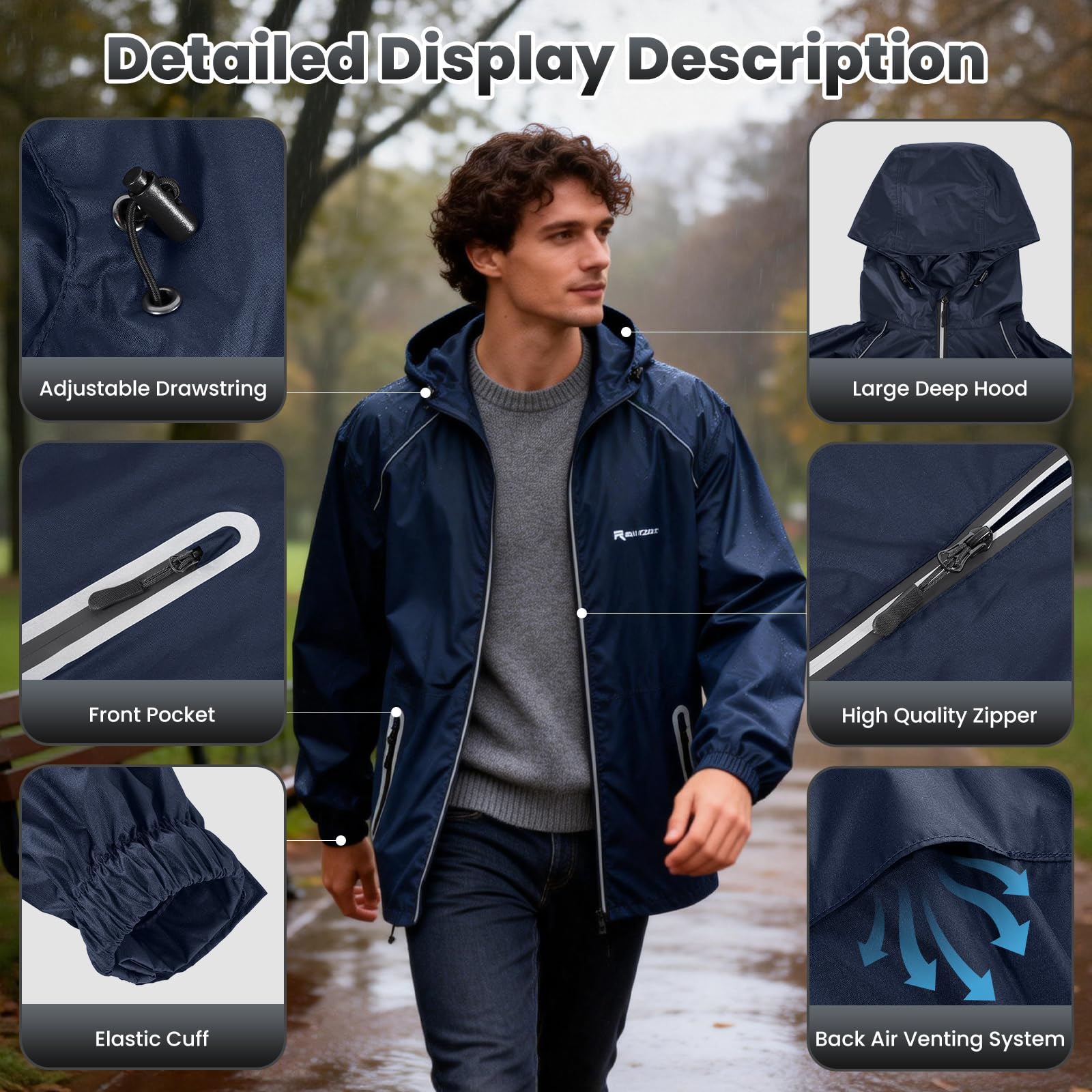 LAMA Combinaison de pluie pour homme et femme, veste de pluie imperméable et pantalon de pluie, vêtements de pluie lourds avec capuche et pochette de rangement, coupe-vent, léger, respirant, noir