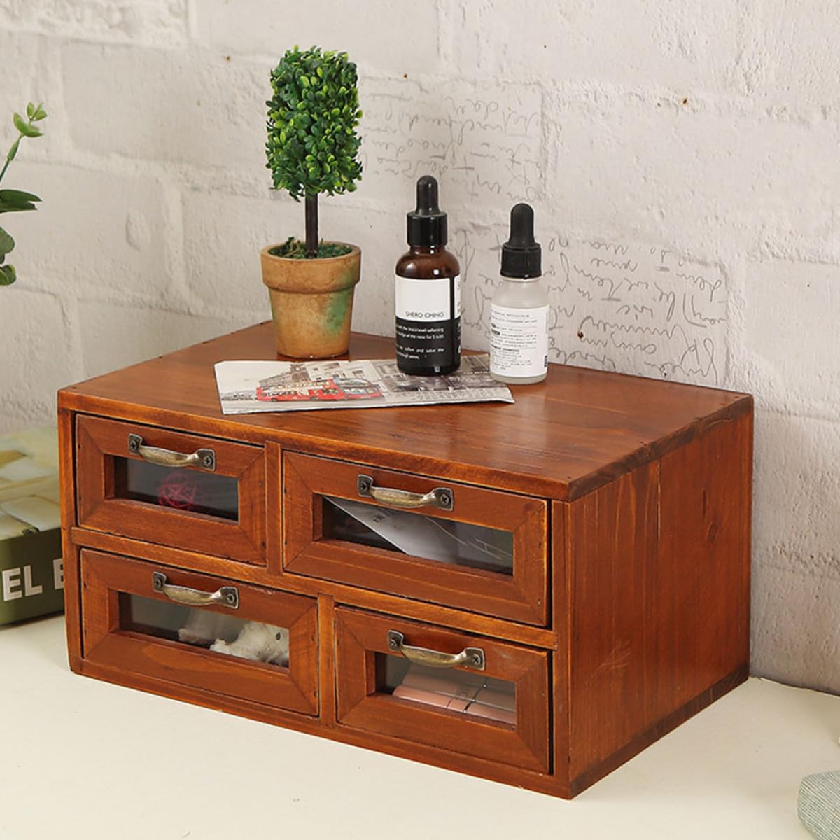 Organizer vintage in legno con 4 cassetti, multifunzione, per scrivania e ufficio, design con cactus marrone, ideale per riporre gioielli e cancelleria