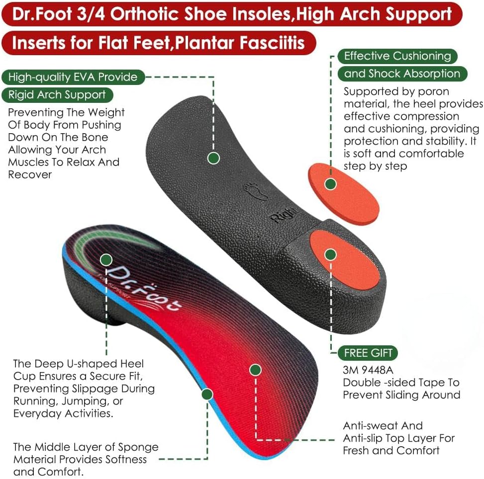 Dr. Foot 3/4 Orthotics Shoe Insoles, High Arch Supports Inserts for Flat Feet, Plantar Fasciitis, Over-Pronation, Fallen Arches (Red, Large(Men's 9-11 / Women's 10-12)) - Image 3