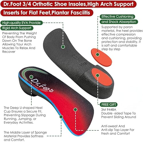 Miniatura 3 de Dr. Foot - Plantillas ortopédicas 34 para zapatos, insertos de soporte de arco alto para pies planos, fascitis plantar, sobrepronación, arcos