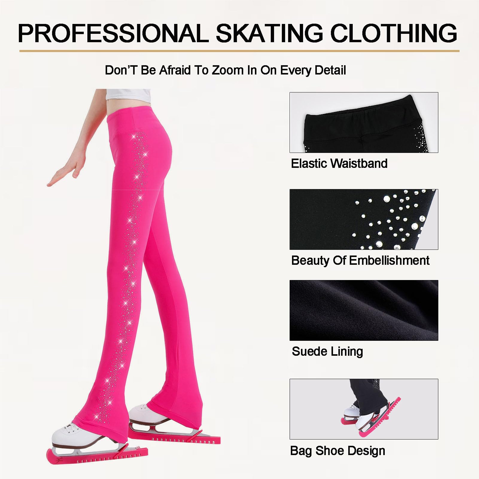Pantaloni da Pattinaggio Artistico per Donne e Ragazze Pantaloni da Pattinaggio sul Ghiaccio con Fodera in Pile Leggings da Pattinaggio di Cristallo Abbigliamento Sportivo (Rosa XL)
