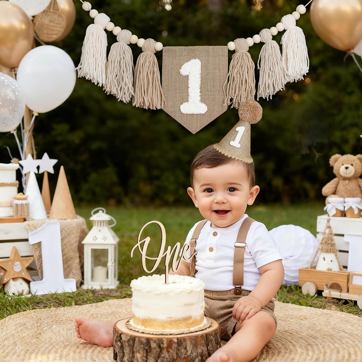 Striscione per seggiolone per primo compleanno, decorazione per primi ragazzi, cappello a cono cachi con un topper per torta sfondo fotografico (Kahaki 2)