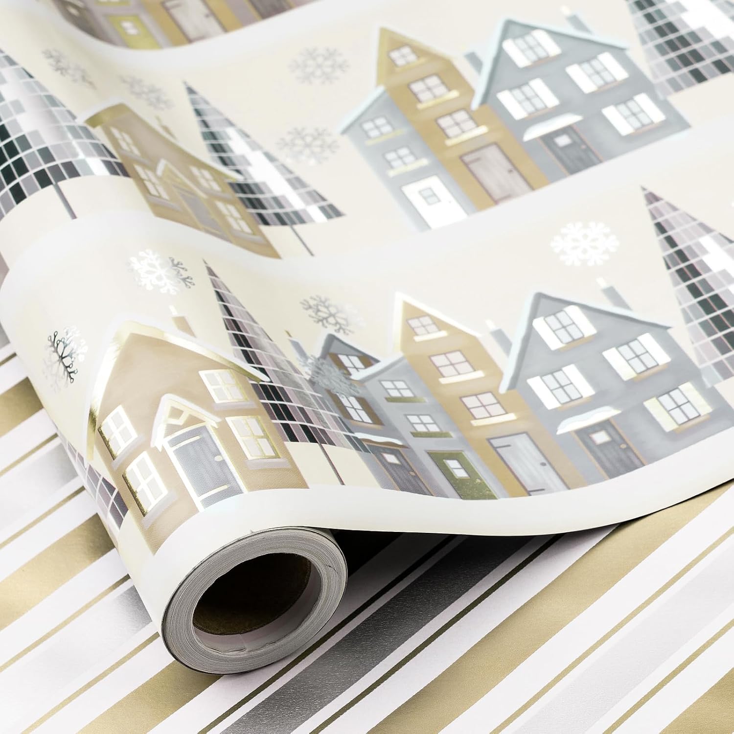RUSPEPA Christmas Reversible Wrapping Paper Roll, Mini Roll, Gold and Silver Winter Village with Tree and Snowflake Design, Gold and Silver Stripes Gift Wrap for Holiday Gifts, 17 Inches x 32.8 Feet image 2