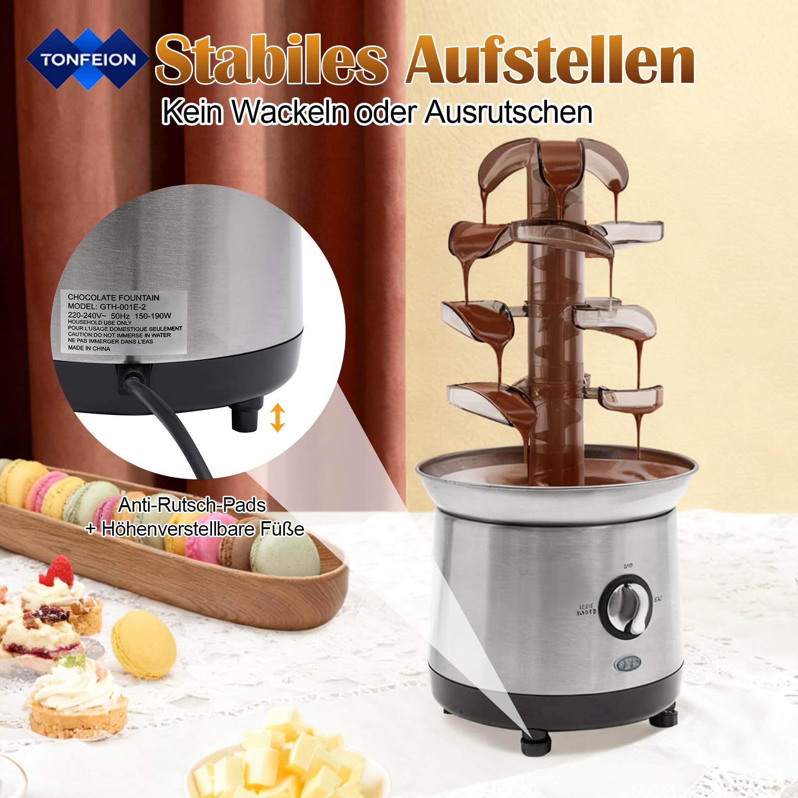 Schokobrunnen Edelstahl - 4 Etagen, 190W Schokoladenbrunnen mit Temperaturregelung, 1.2L Kapazität, Schokostreusel für Hochzeiten, Partys, Geburtstage (Silber)