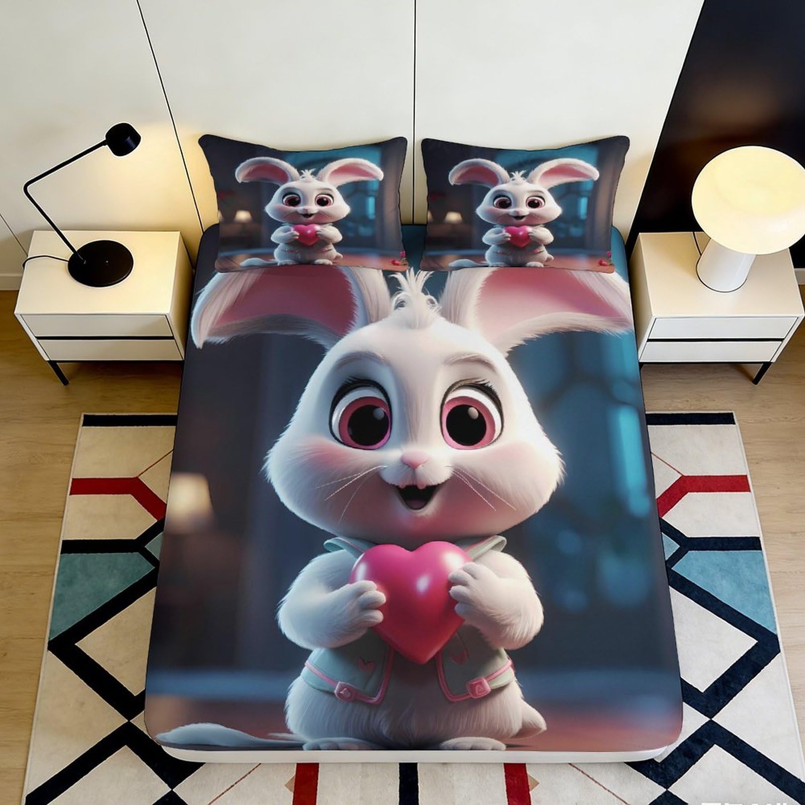 3D Printed Cute Rabbit Fitted Sheet Microfiber Deep Pocket Non-Slip Bunny Mattress Fitted Cover for Bedroom 90x200x25cm
