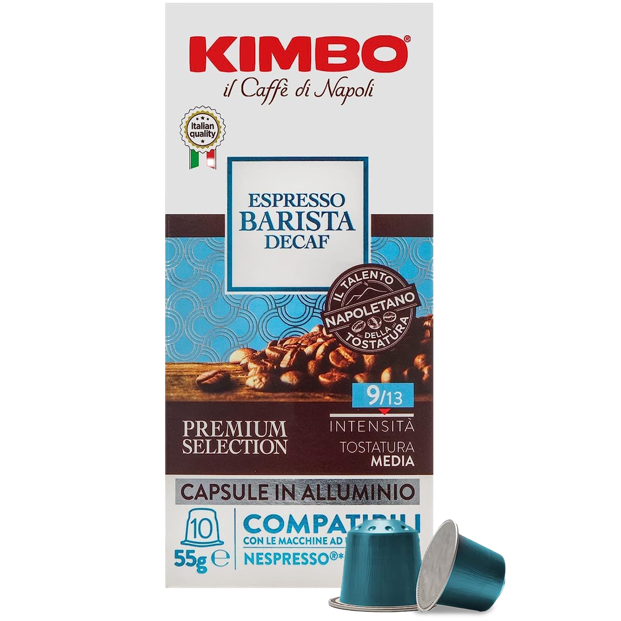 Kimbo Coffee Espresso Barista Decaf Capsules (1 x 10) | Nespresso Machine Compatible | Decaffeinated Aluminium Coffee Pods | Italian Medium Dark Roast Espresso