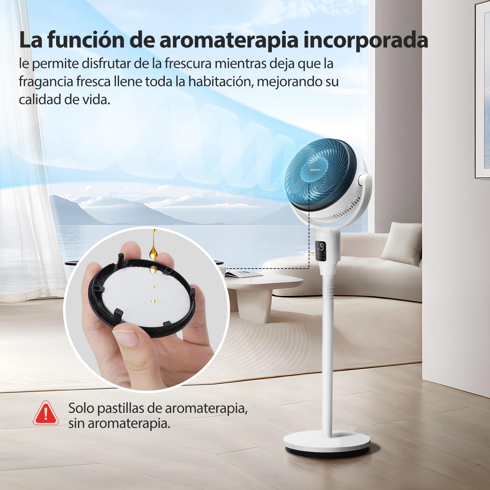 Aigostar Ventilador de Pie Silencioso 23dB con Mando, Motor DC, 24W Circulador Ventiladores Bajo Consumo, Oscilación 135°+85°, 9 Velocidades y Temporizador 9 H, Función de aromaterapia, Blanco Airflow