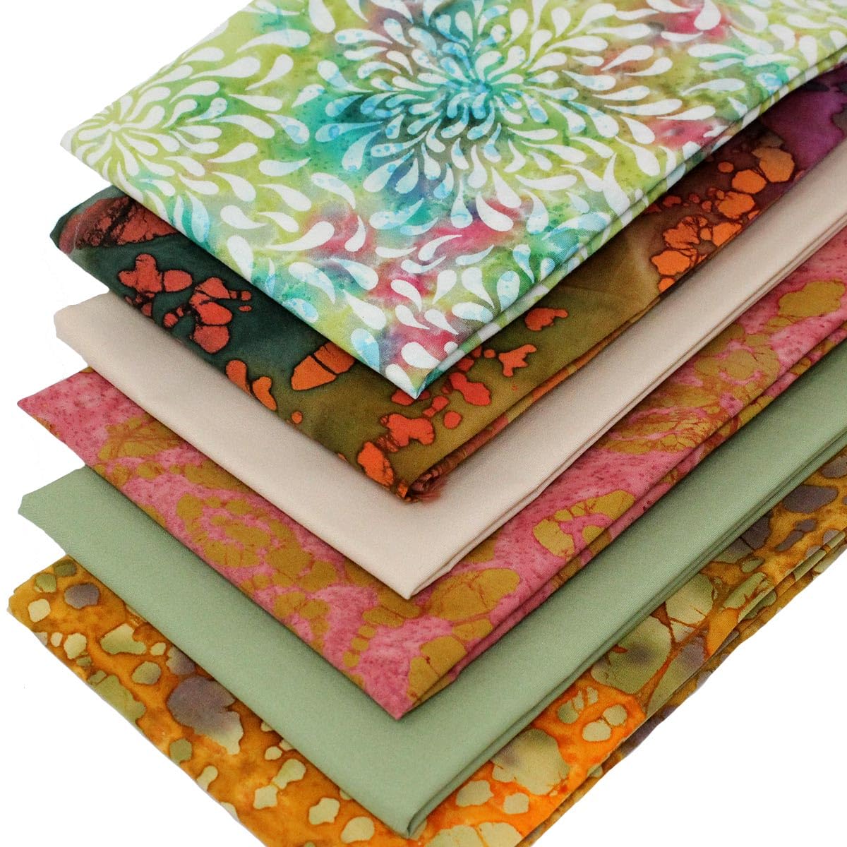 6 Fat Quarters Batik Bundle - 'Everglades' Batik Fabrics and Plain Solids in Green, Beige, Ochre. 100% Cotton Ideal for Quilting & Crafting (Includes a Free Patchwork Pattern by Overdale Fabrics)