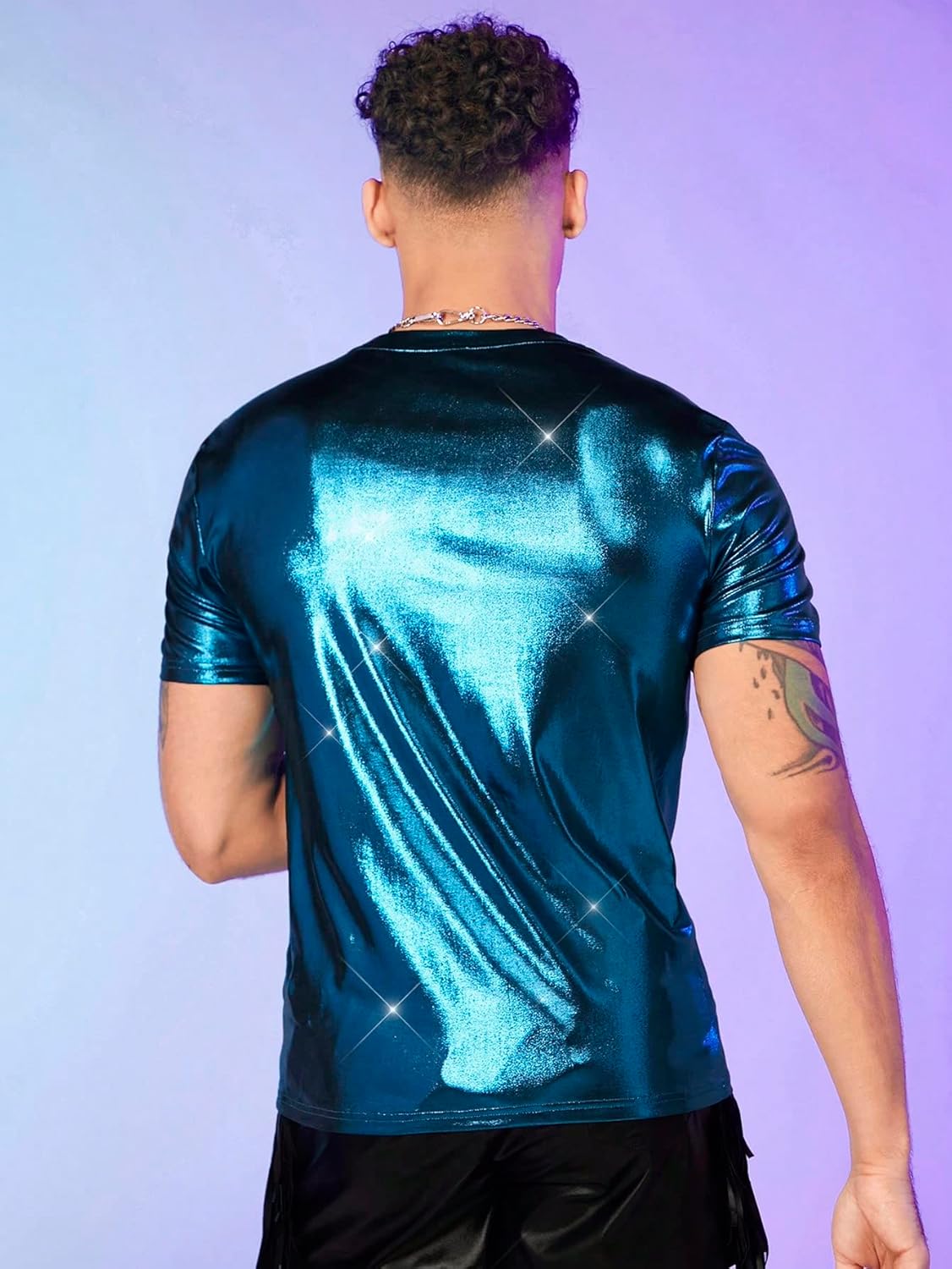 WDIRARA Men's Metallic Round Neck Short Sleeve Tee Party T Shirt Top - Image 2