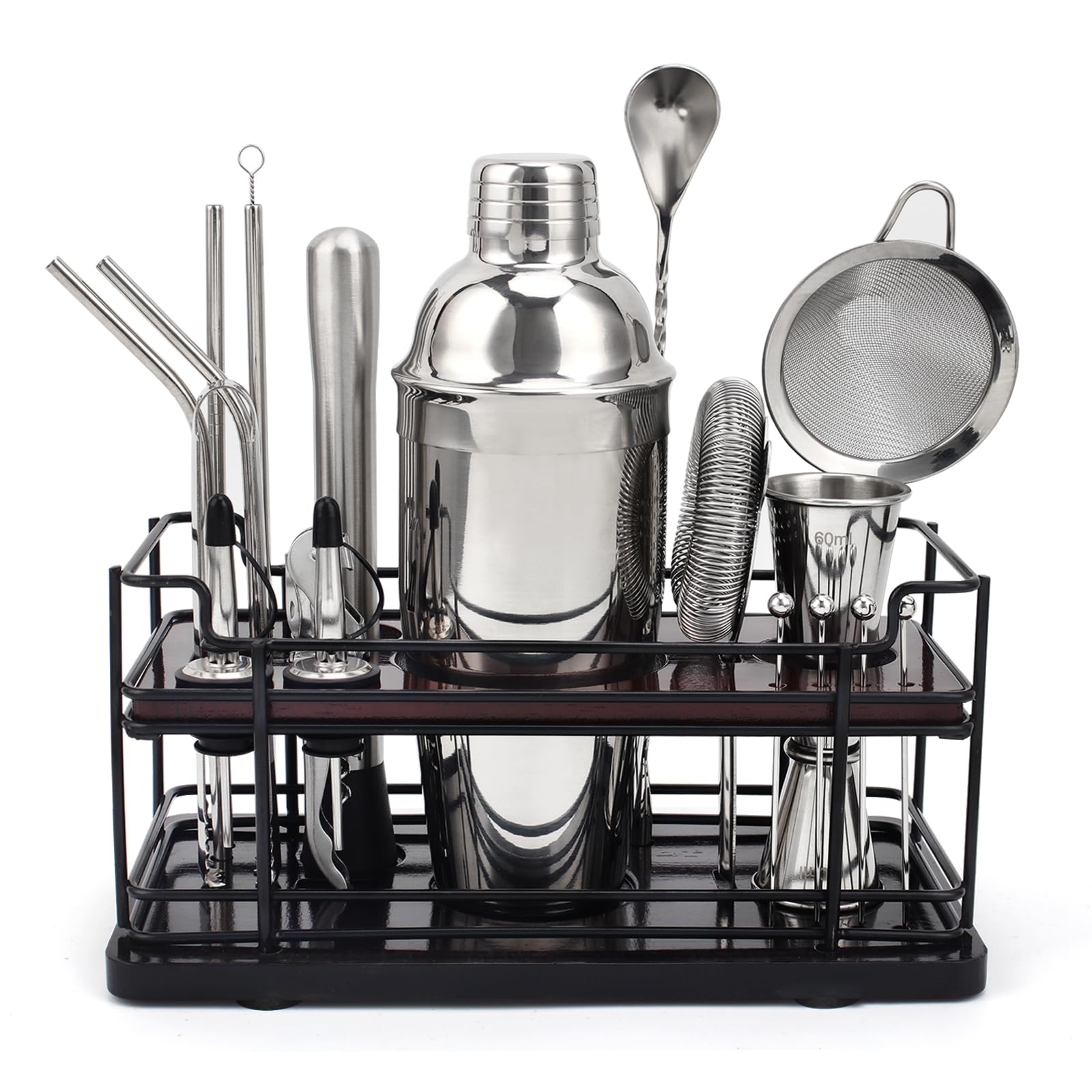 20-teiliges Cocktail Shaker Set mit Stand, 750ml Shaker Edelstahl Cocktail Set für die Hausbar, Profi Cocktail Maschine Barkeeper Set mit Bar Zubehör & Rezeptbuch, Ideales Geschenkset (Silber)