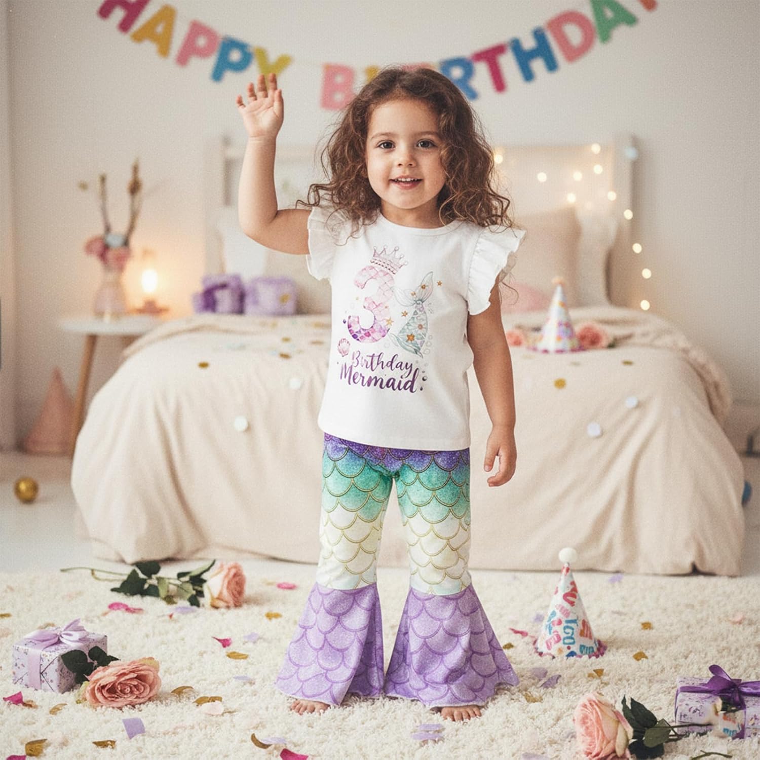 Honganda Toddler Baby Girl Birthday Mermaid Outfit 2nd 3rd 4th T-shirt Top with Mermaid Pants Summer Cake Smash Clothes Set - Image 3