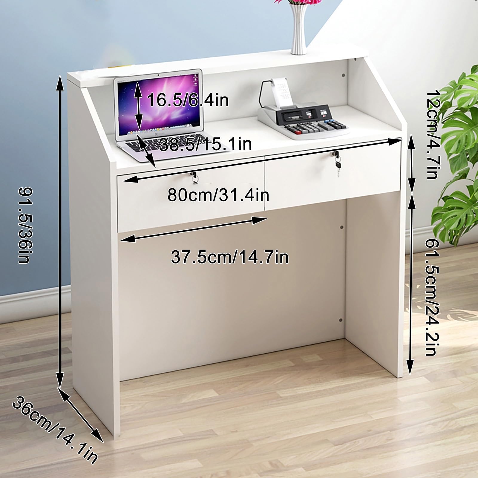 Scrivania da reception bianca con cassetto chiudibile a chiave, semplice bancone per salone, ufficio e atrio, 80 cm, in legno, design moderno per uso professionale