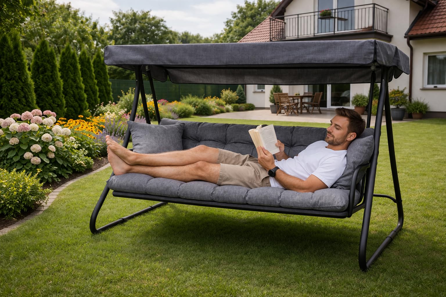 Filippo Bankauflage 180x50x60 - Sitzkissen Outdoor für Hollywoodschaukel mit zwei Kissen 45x45 cm - Bankkissen Wetterfest, Beständig Gegen Schimmel, Handgefertigt mit Befestigungsschnüre