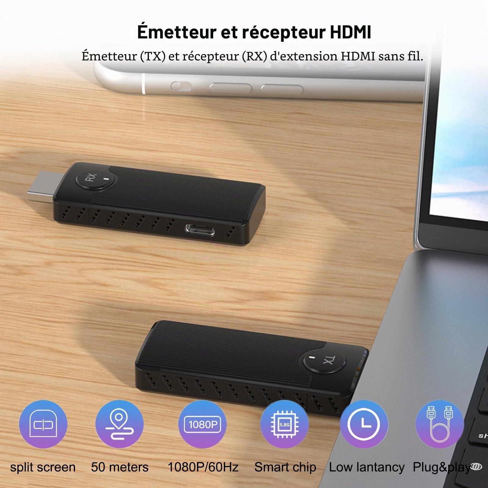 Transmetteur et récepteur HDMI sans fil, prolongateur HDM de 165FT/50M, décodage 4K sortie 1080P,Plug&Play 5G+2.4G pour le streaming vidéo et audio vers un moniteur depuis un ordinateur portable/PC/TV