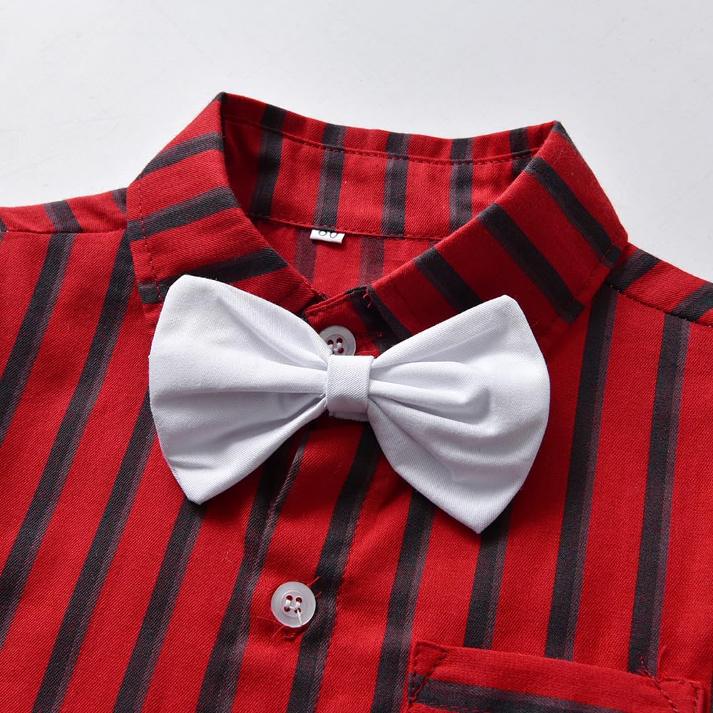 FYMNSI Gentleman - Tuta da battesimo per bambini, in cotone, a maniche corte, con bretelle, pantaloncini e papillon, rosso mattone, 12-18 Mesi