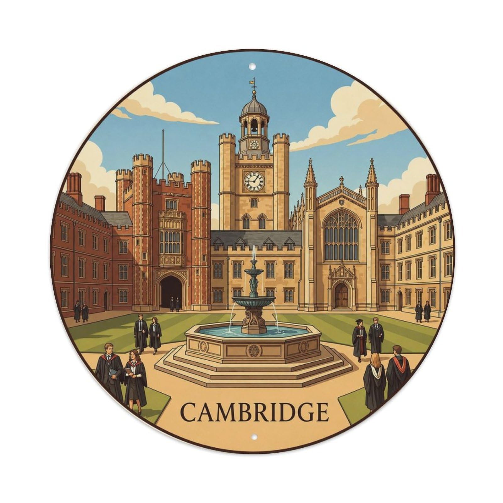 Cambridge Historic College Courtyard Vintage Travel Landmark Metal Tin Sign Plaque Wall Decor for Cafe, Man Cave, Club Bar, Office, Home Garden Round Metal Poster 8x8Inch