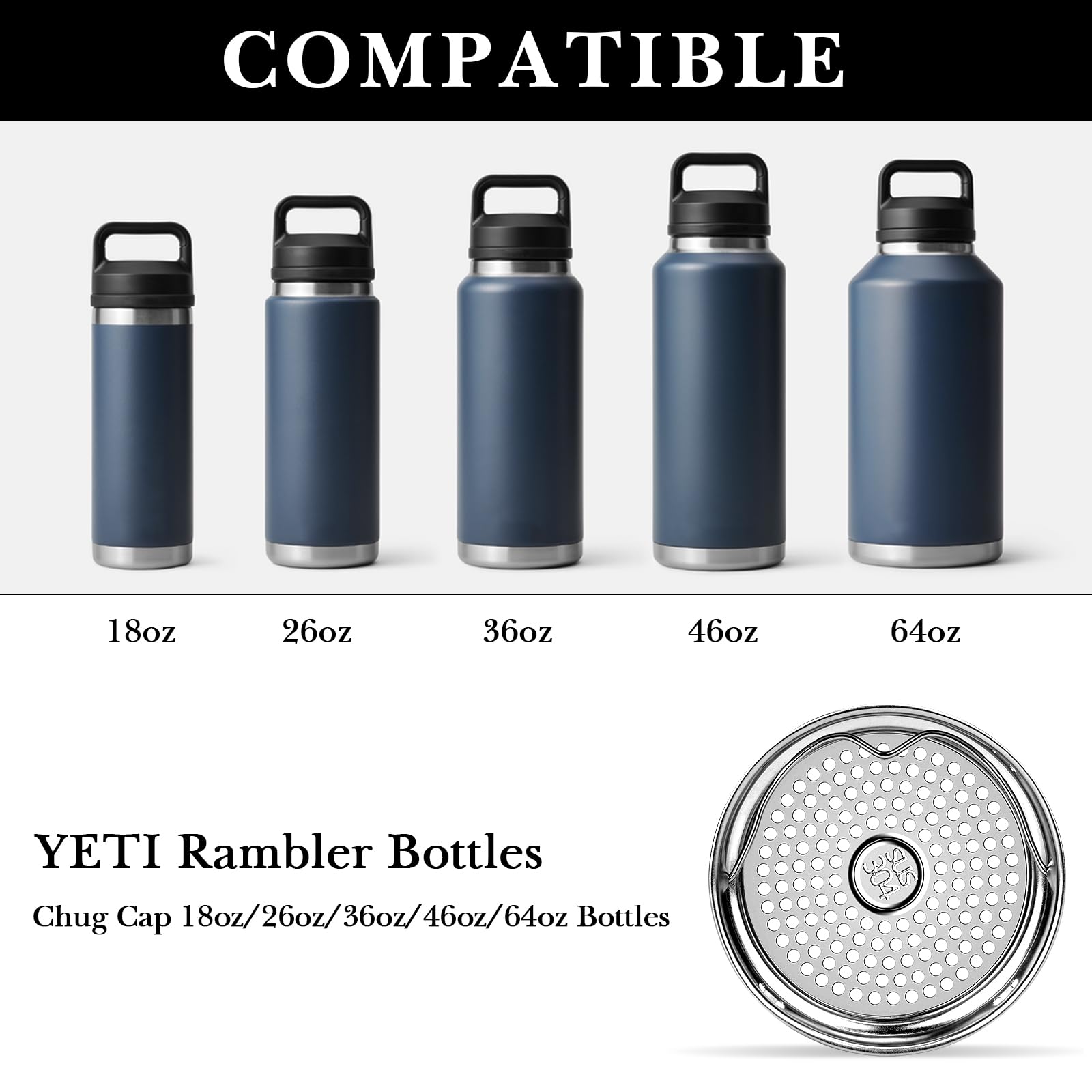 Linkidea 304 Stainless Steel Tea Strainer Compatible with YETI Rambler Bottle 18oz/26oz/36oz/46oz/64oz Chug and MagDock Caps, Ice Strainer Filter Blocker Fruit Stopper, 2 Pack