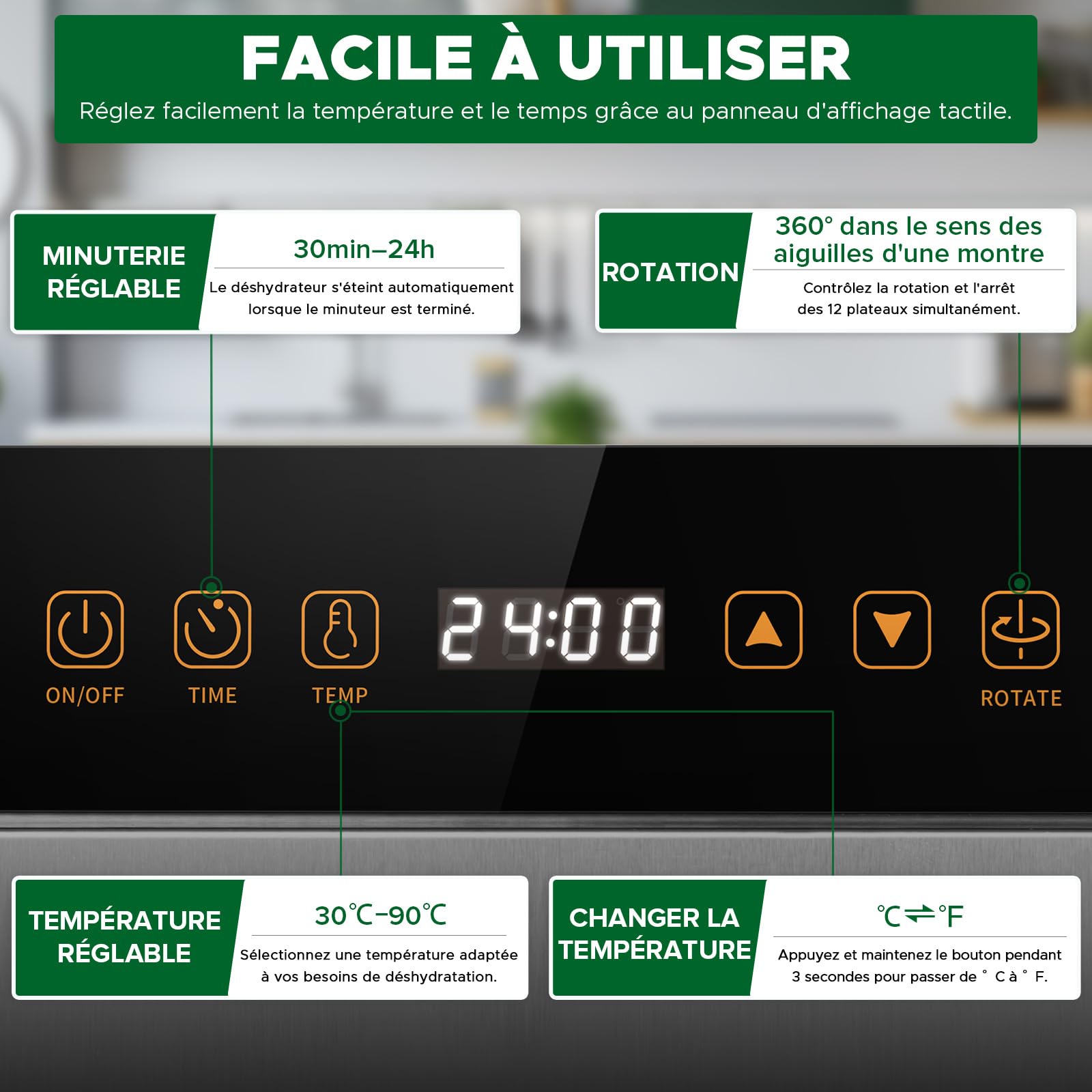Kwasyo Deshydrateur Alimentaire avec 12 Rotatif Plateaux en Inox - Double ventilateur Séchage efficace à 720° - Deshydrateur Viande, Fruits, Champignons - 1000W Déshydrateur Alimentaire Inox