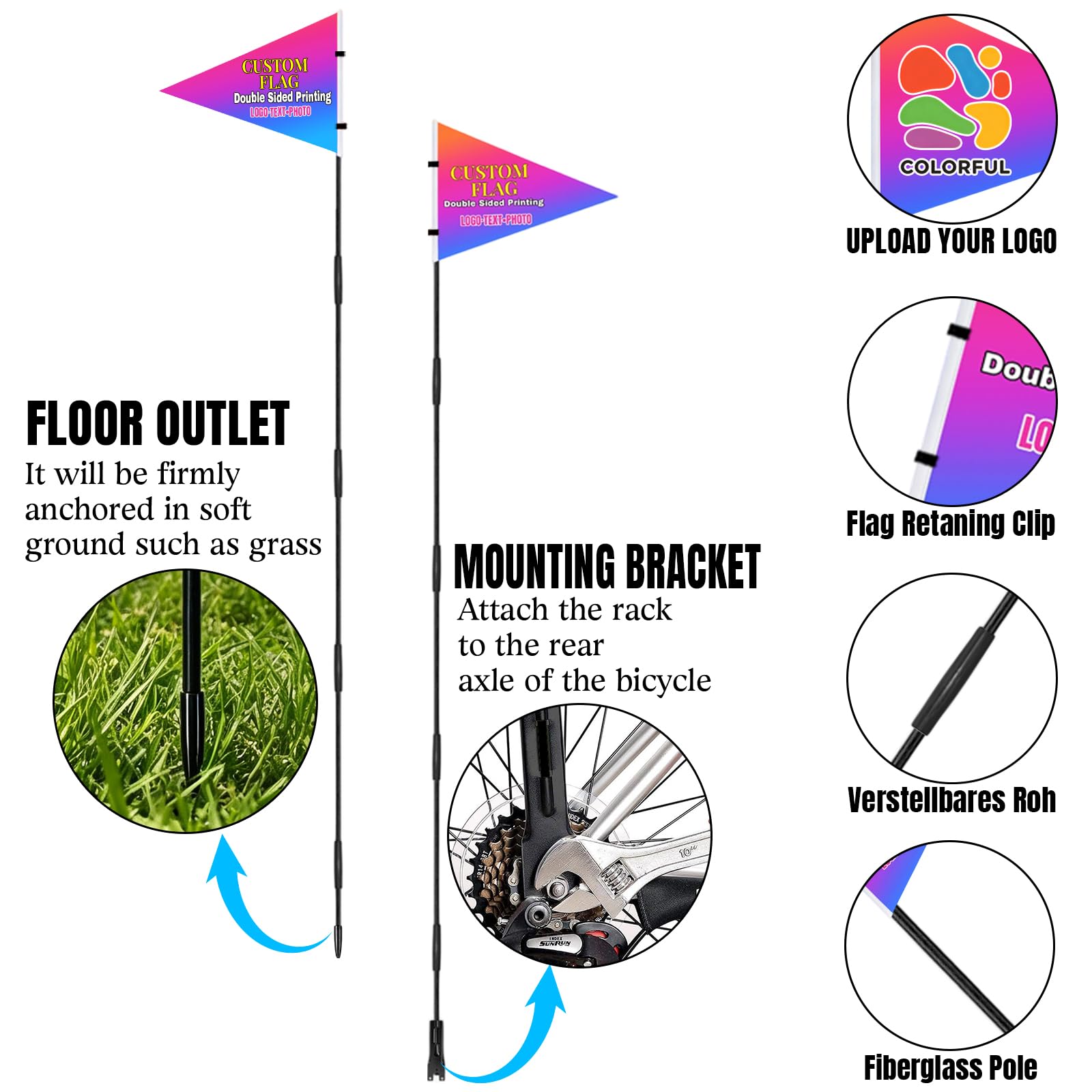 Drapeau de sécurité personnalisé pour vélo avec mât - Mât réglable de 1,80 m, drapeau de sécurité sur mesure pour enfants, vélos et voiturettes de golf (Triangular flag 1)