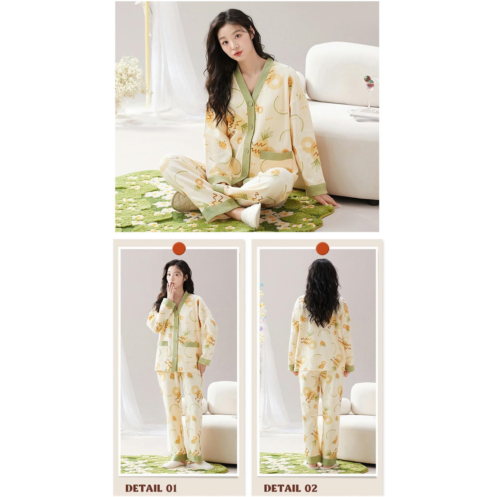 Pigiama Donna Set Pigiama in Cotone da Donna Autunno E Inverno - Pigiama Casual da Casa Indossabile per Le Donne-c-XXL