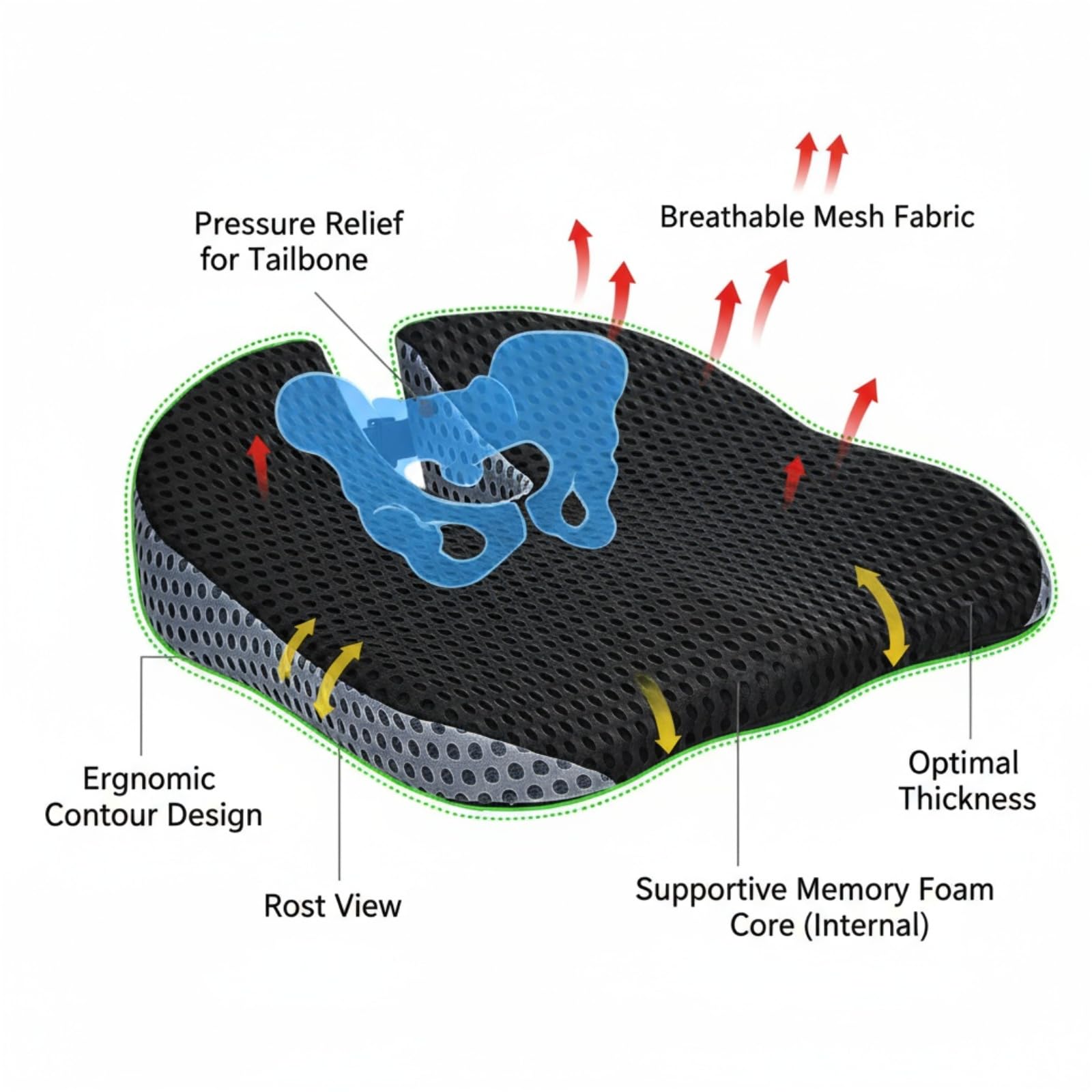 Cojín de espuma viscoelástica para asiento de coche con malla 4D, cojín de asiento universal de cuña para conducir, cojín de silla de oficina, cojines de coxis, soporte de postura y refuerzo de altura