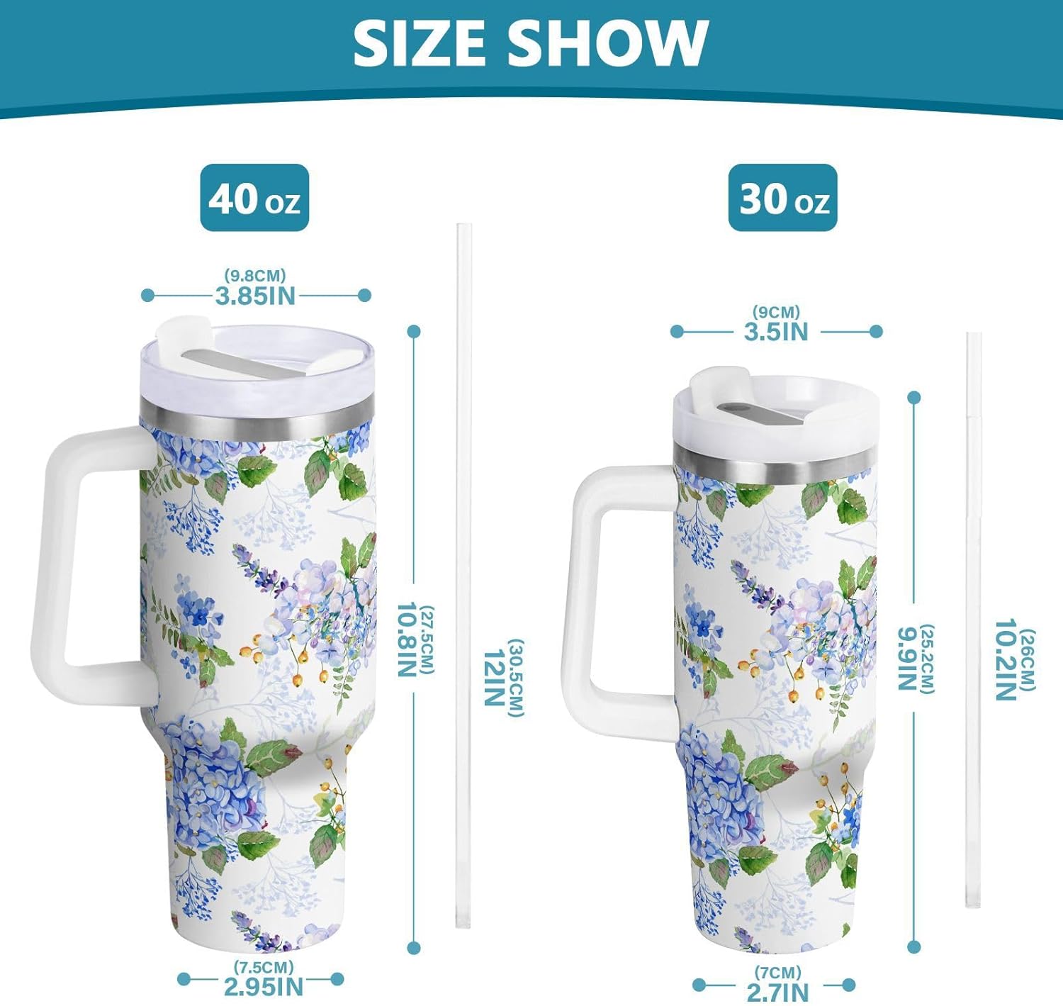 40 oz Tumbler with Straw & Handle - 2 in 1 Lids Leak Proof Tumblers - Large Insulated Stainless Steel Cup - BPA-Free Water Bottle Travel Metal Mug for Women Man, Blue Purple Hydrangea Lilac Floral - Image 8