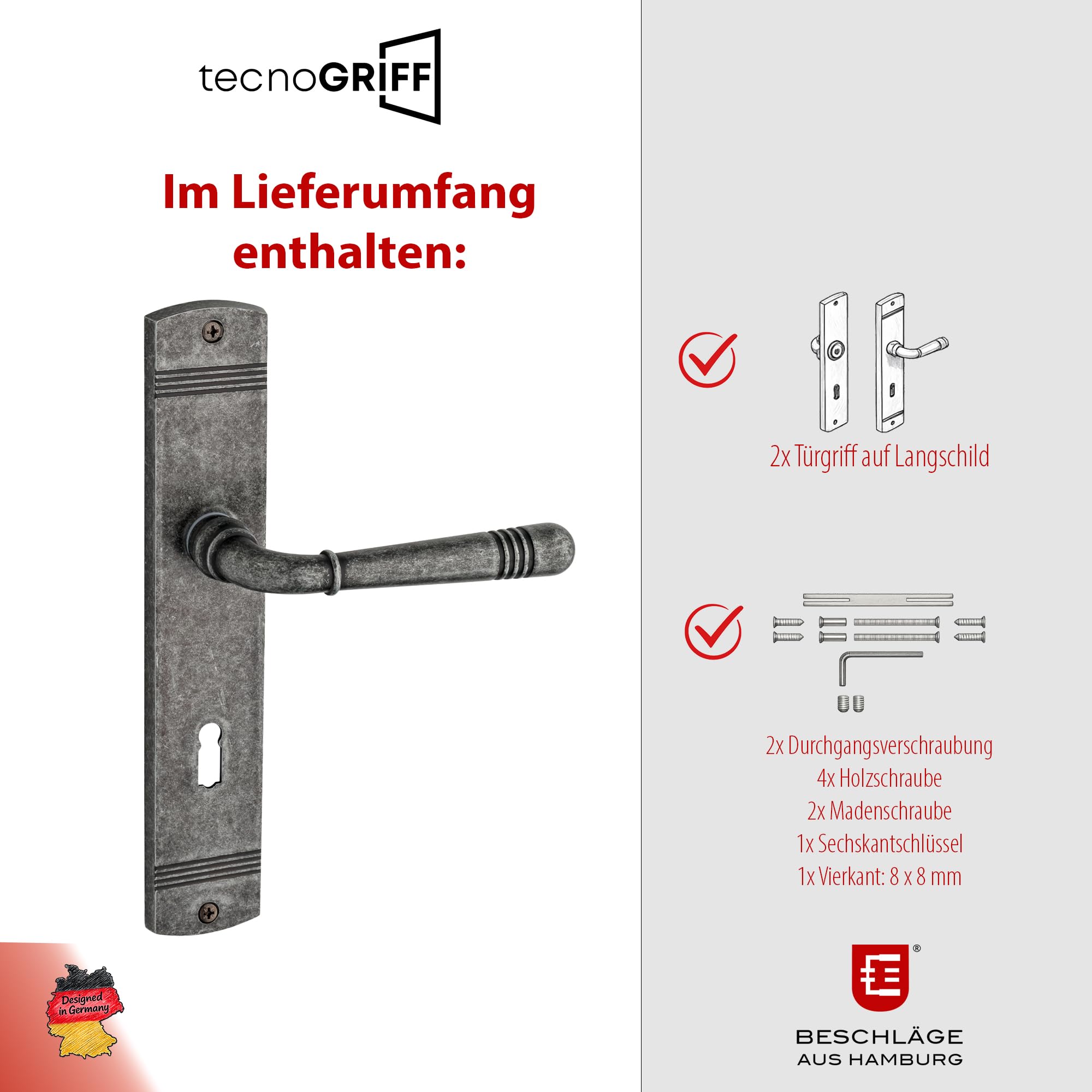 Beschläge Hamburg | Türgriff Türbeschlag | EMILY ART 70-09 DAS BB | Türklinke mit Buntbart Langschild 45x235 mm für Zimmertüren | Drückergarnitur/Türdrücker für Innentüren | in Dark Antique Steel