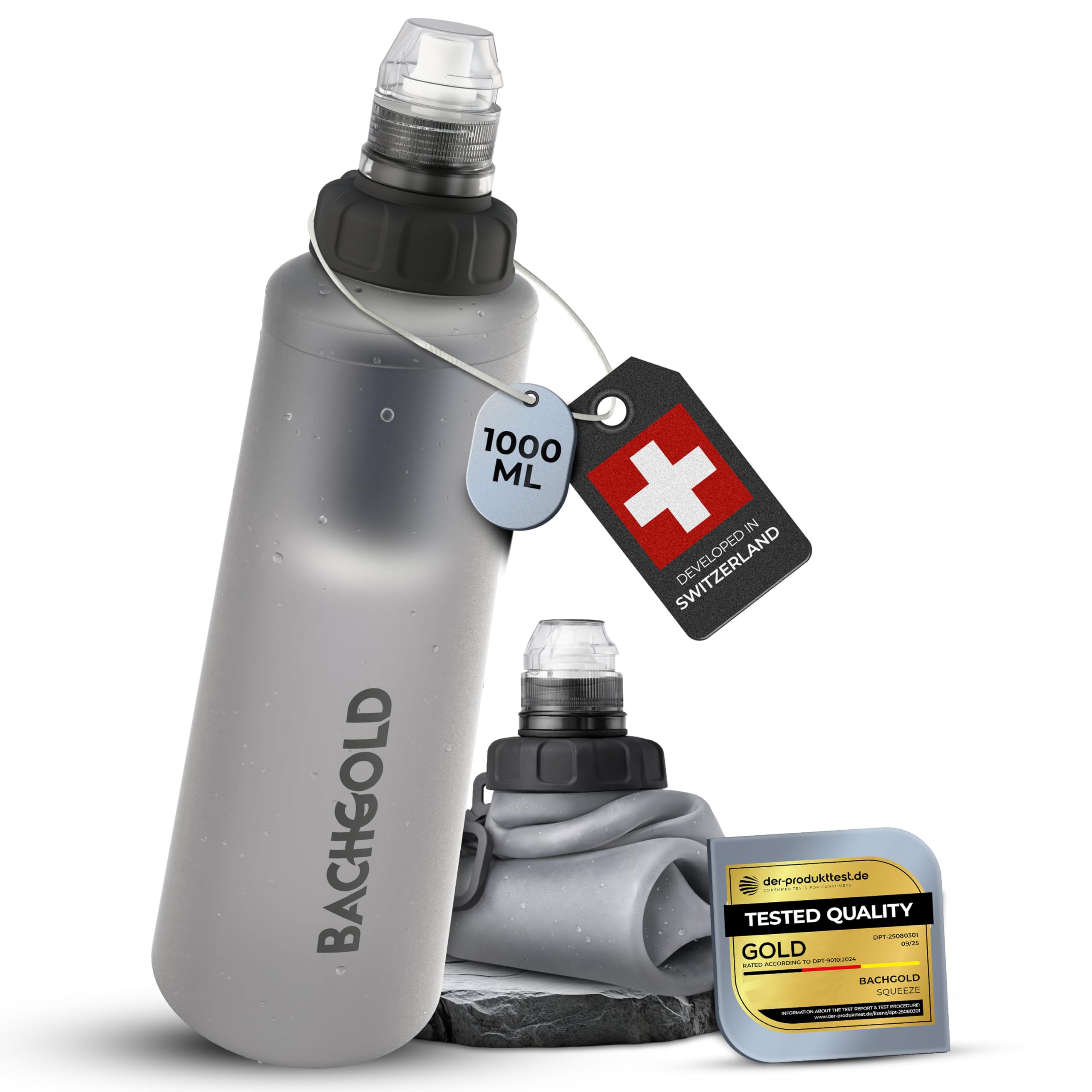 Bachgold® Squeeze Borraccia Filtrante – Filtro Acqua Potabile Ultraleggero con Potabilizzatore | Filtra Virus, Batteri & Microplastiche | per Trekking, Campeggio, Outdoor (Bianco, 1000ml)