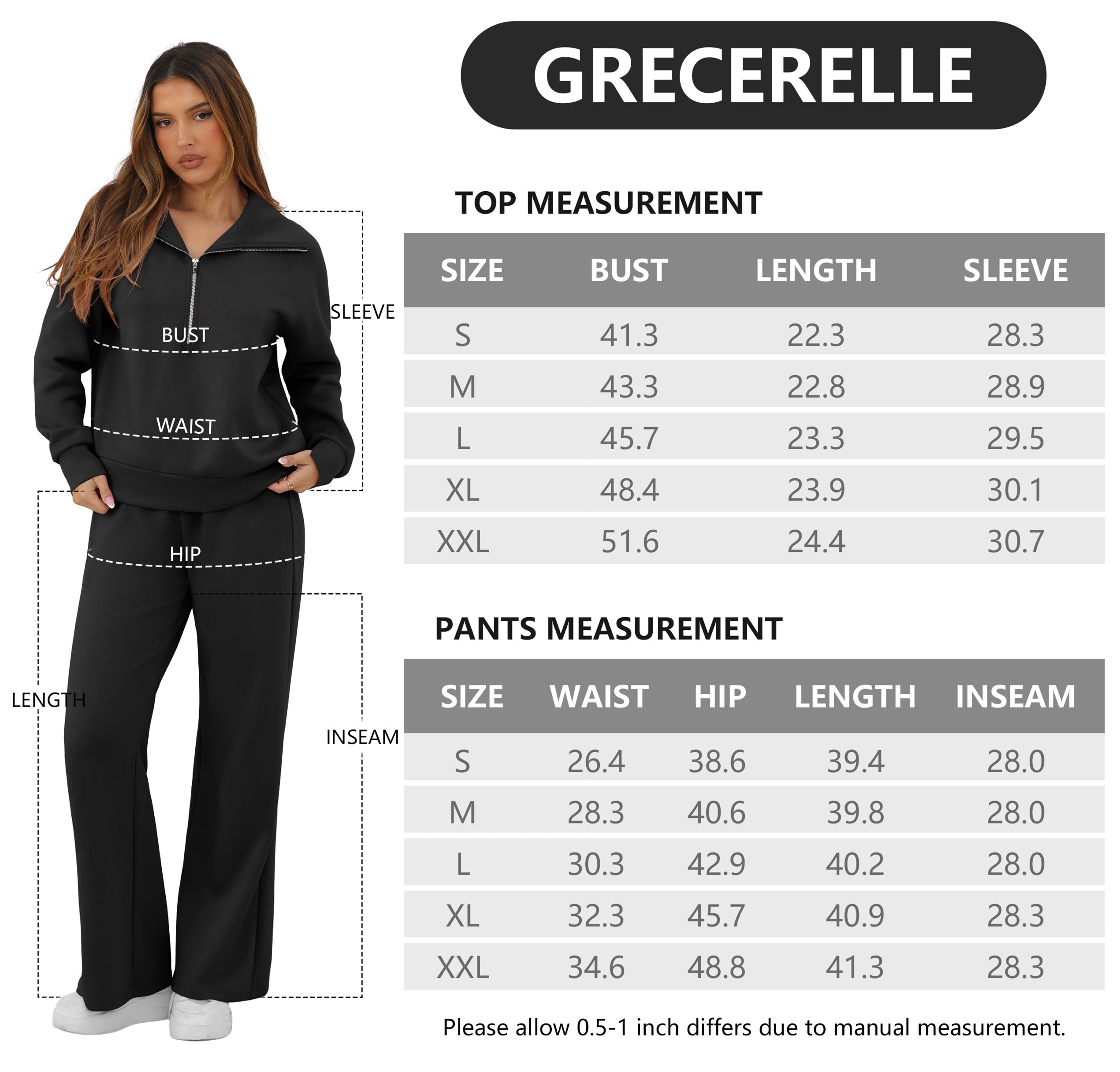 GRECERELLE Dres do joggingu, damski dres treningowy, dwuczęściowy, strój z długim rękawem, luźny dekolt w serek, zamek błyskawiczny i spodnie do biegania, dres treningowy z kieszeniami, czarny, M