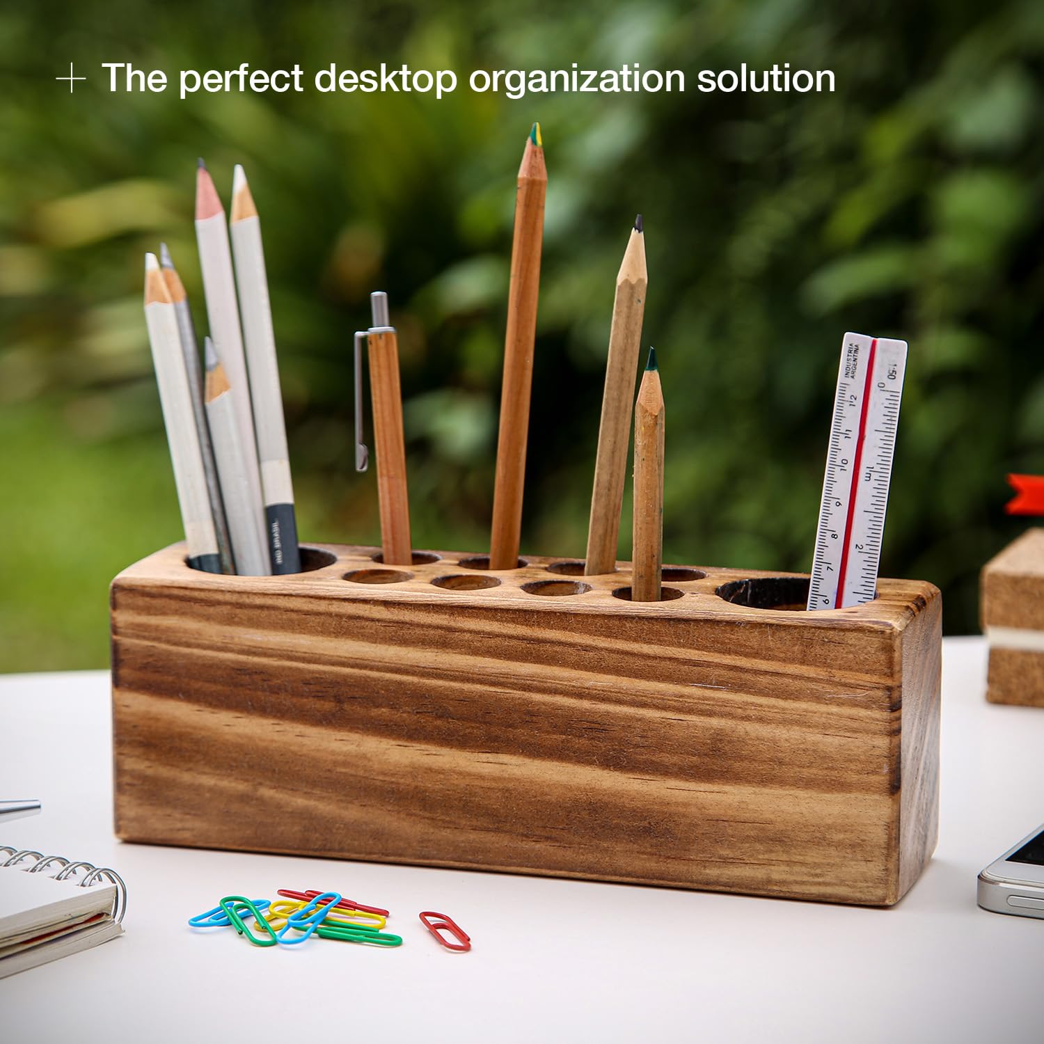 Hoffengwell Solid Pine Wood Pen Holder for Desk - Fountain Pen Holder - Stylish Wooden Pencil Holder and Pen Desk Organizer - Image 2