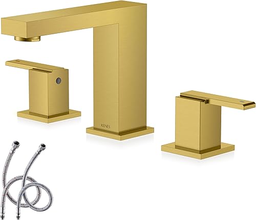 KENES Grifo de baño generalizado de oro cepillado 2 manijas Grifos de lavabo de baño 3 agujeros, oro de 8 pulgadas 3 piezas grifo de tocador con