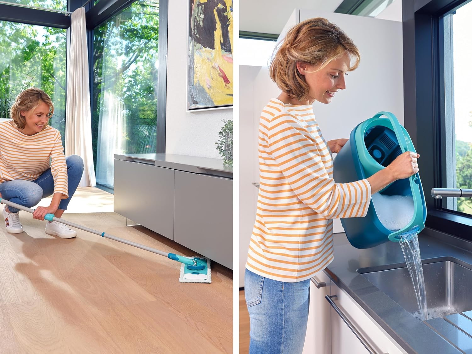 Leifheit Set Scopa Lavapavimenti CLEAN TWIST M Ergo, Strizzatura Rotante | Secchio 6 l con stop umidità, manico telescopico 110-140 cm, panno micro duo e duster static per pavimenti duri
