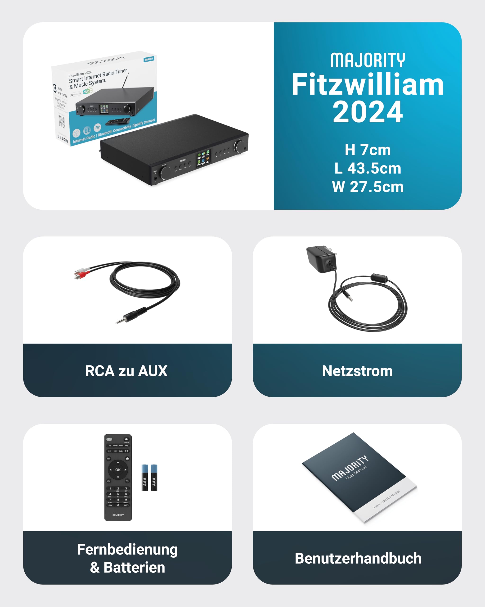 Radio DAB Plus Internetradio WLAN Tuner | DAB+ Internet Radio Receiver | Empfänger für Stereoanlage | Internetradio Adapter HiFi-Tuner mit Spotify Connect & Podcasts | MAJORITY Fitzwilliam (Schwarz)