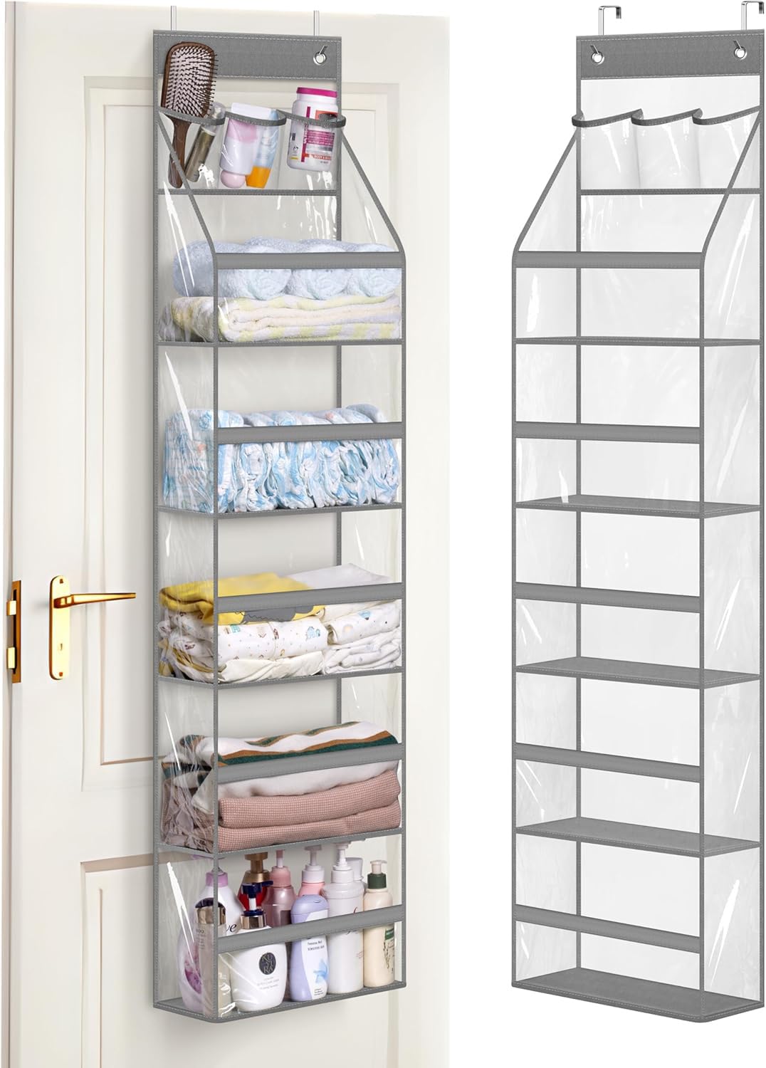 MISSLO Full Clear PVC Over The Door Organizer Hanging Closet Storage with 5 Large Pockets and 3 Top Plastic Pouches for Pantry, Bathroom, Bedroom to Store Clothes, Diapers