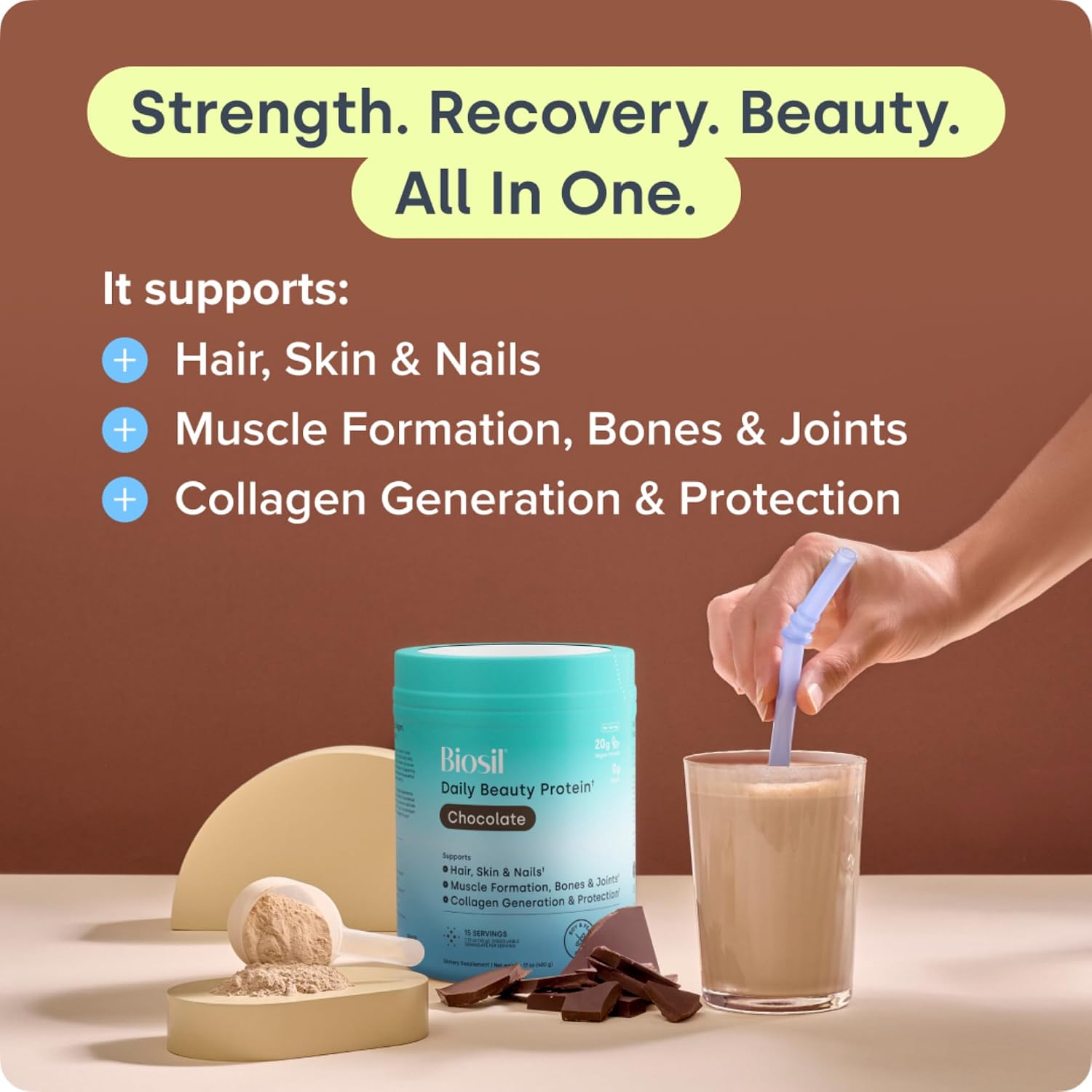 Biosil Daily Beauty Protein, Chocolate - 17 oz - Complete Protein + Collagen Powder for Strength, Recovery, Skin, Hair, Nails & Joints - with BCAA & Patented ch-OSA - Vegan - 15 Servings