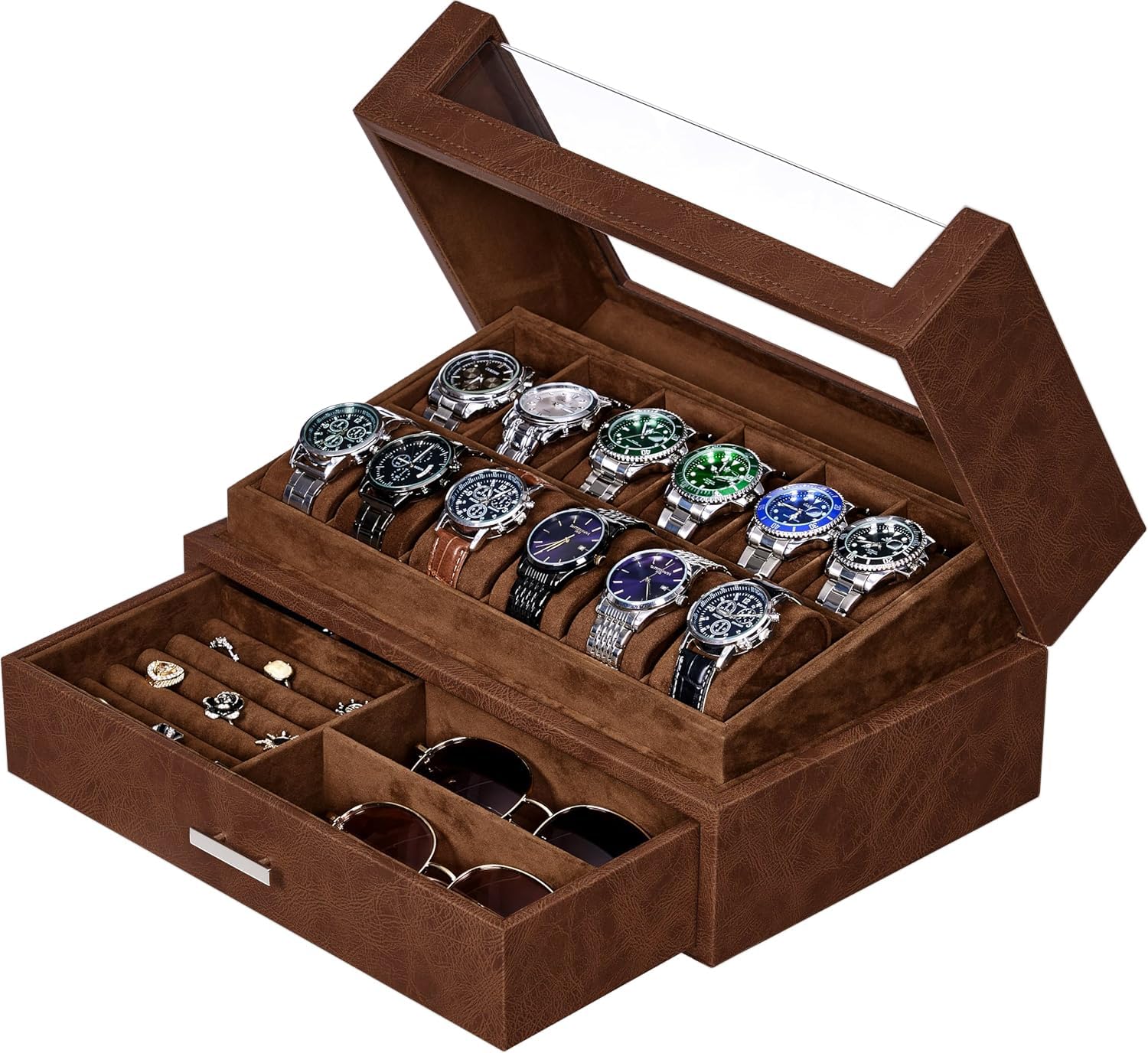 BEWISHOMEBEWISHOME 12 Slot Watch Box Organizer Watch Cases for Men Watch Display Case with Clear Acrylic Lid Luxury Watch Holder Watch Storage case for Jewelry Sunglasses Brown SSH22Z