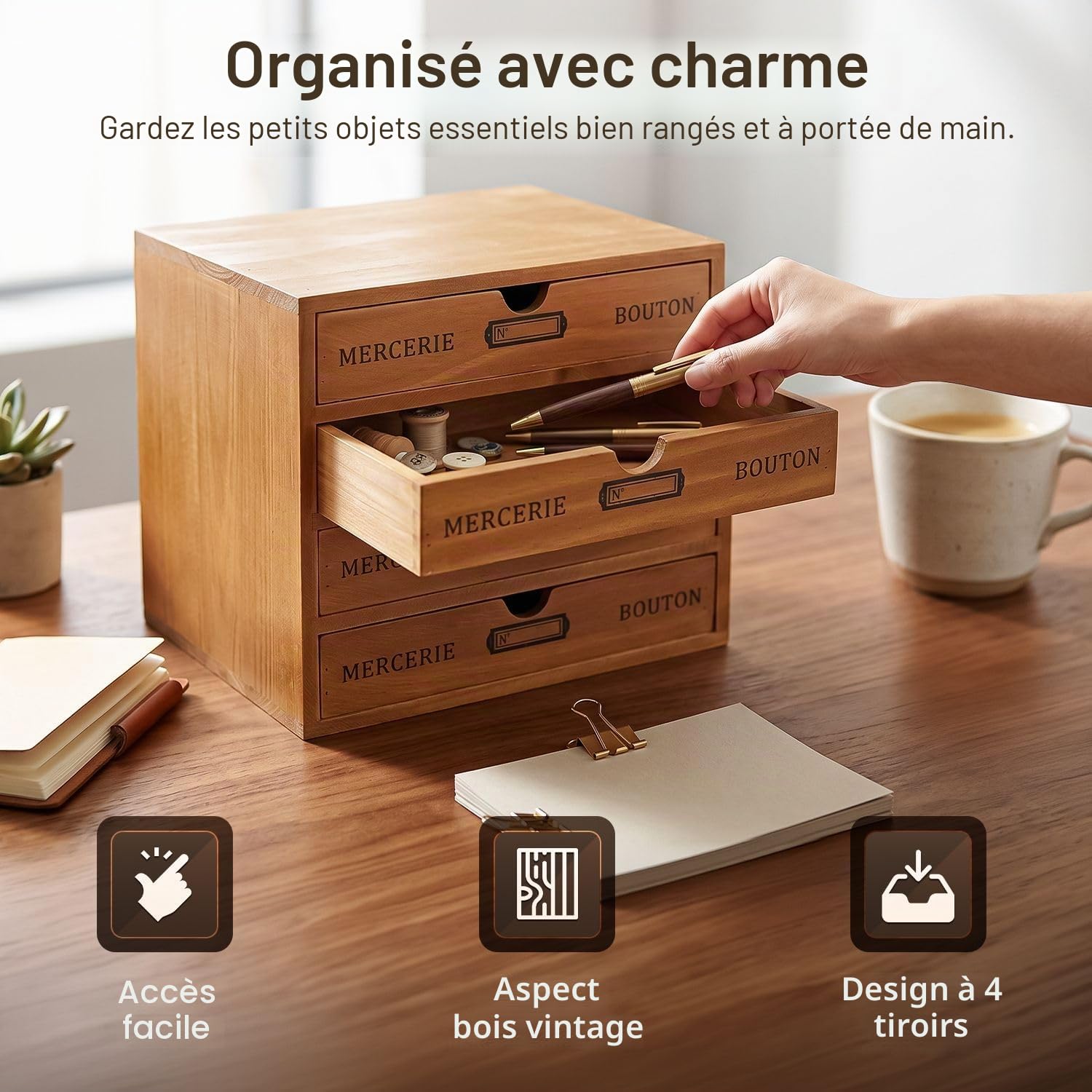 Flexzion Organiseur de fournitures de bureau en bois avec 4 tiroirs de rangement, armoire de table en bois à 4 niveaux, boîte d'accessoires de bureau, pour la maison, les travaux manuels, le courrier