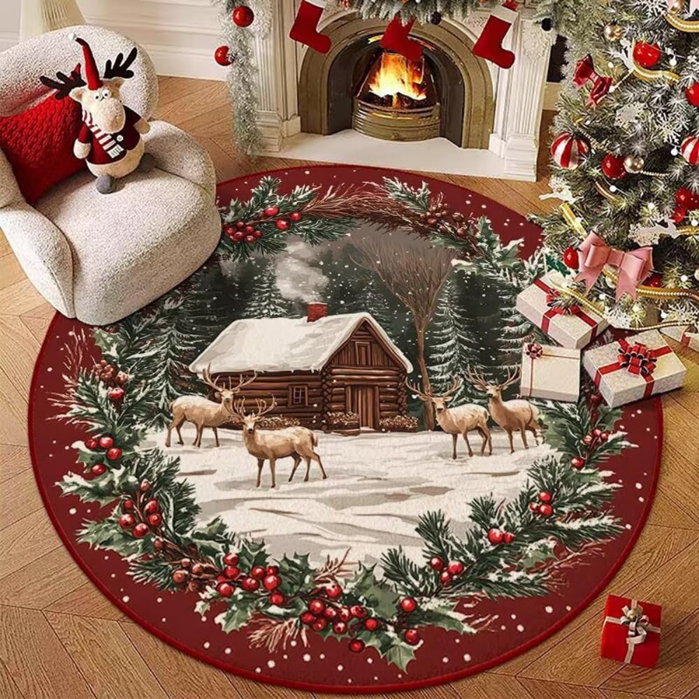 Odot Tapis Rond de Noël, Motif élan, Bonhommes, Lavable Rug de Salon, Chambre à Coucher, Ambiance Festive,Tapis Chambre, Couverture de Chevet Père Noël (Cerf Sika 4,160CM)