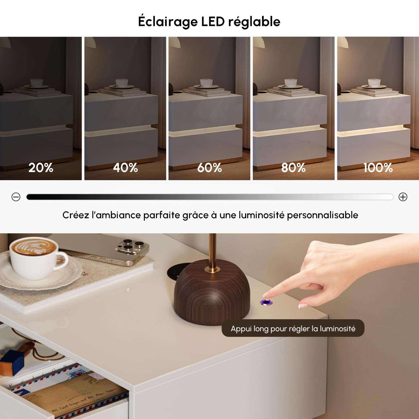 Homary Table de Chevet LED Lot de 2 avec Éclairage Réglable et Station de Recharge sans Fil, Bois MDF, Petit Meuble de Rangement pour Chambre Adulte (2, 2 Tiroirs: Blanc)