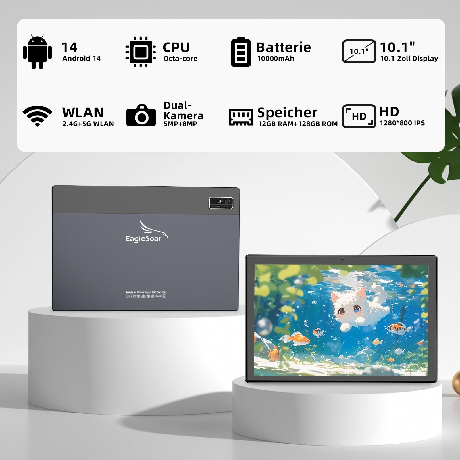 EagleSoar 2025 Última Tableta Android 14, Tablet 10 Pulgadas 12GB ROM+128GB RAM (Expansión de 1TB), Tablet con Procesador Octa-Core, 10000mAh, Doble Banda 2.4/5G WiFi, 1280x800 FHD IPS-Gris