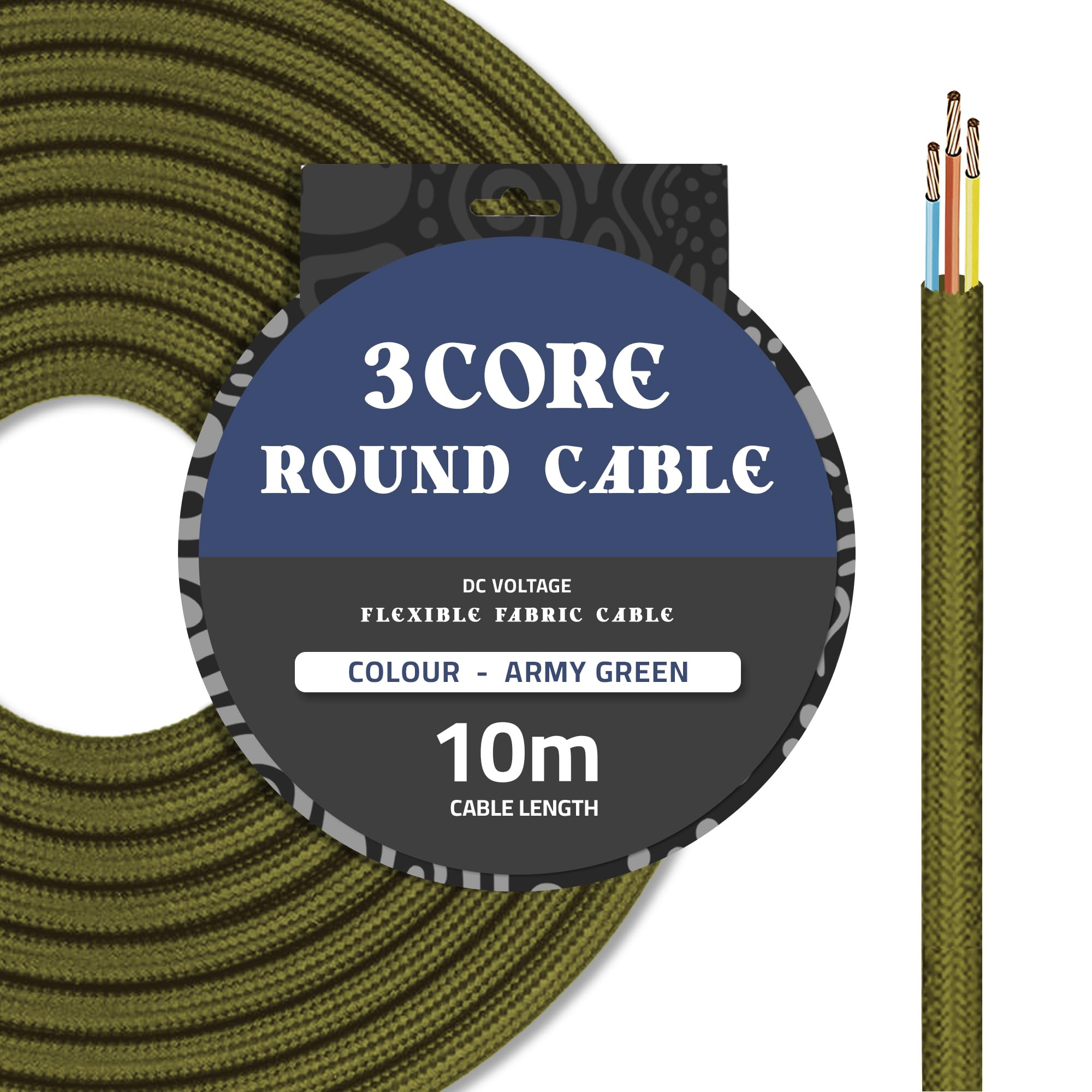 DC Voltage 10 Meters Retro 3 Core Round Wire Cable 0.75mm Italian Colored Braided lighting Fabric Cable flex cord Vintage Lighting for pendant lights wall lights and ceiling lights (Army Green)