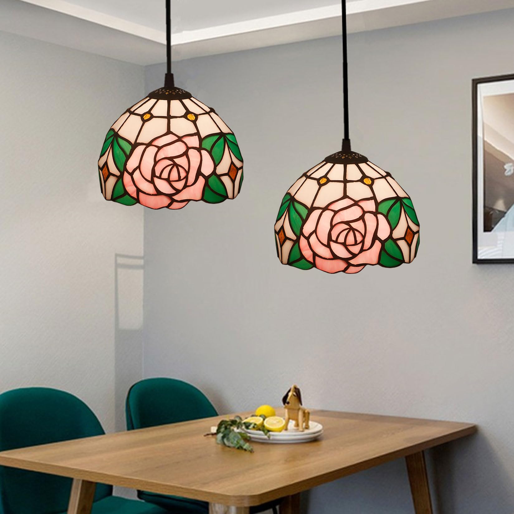 Lampa wisząca Tiffany Rose Witraż Klosze Lampy Wiszące Vintage Różowy Kwiat Zielony Liść Wystrój Domu Żyrandol Szeroki 8" Wysokość 39" Do Kuchennej Wyspy Jadalnej 2szt