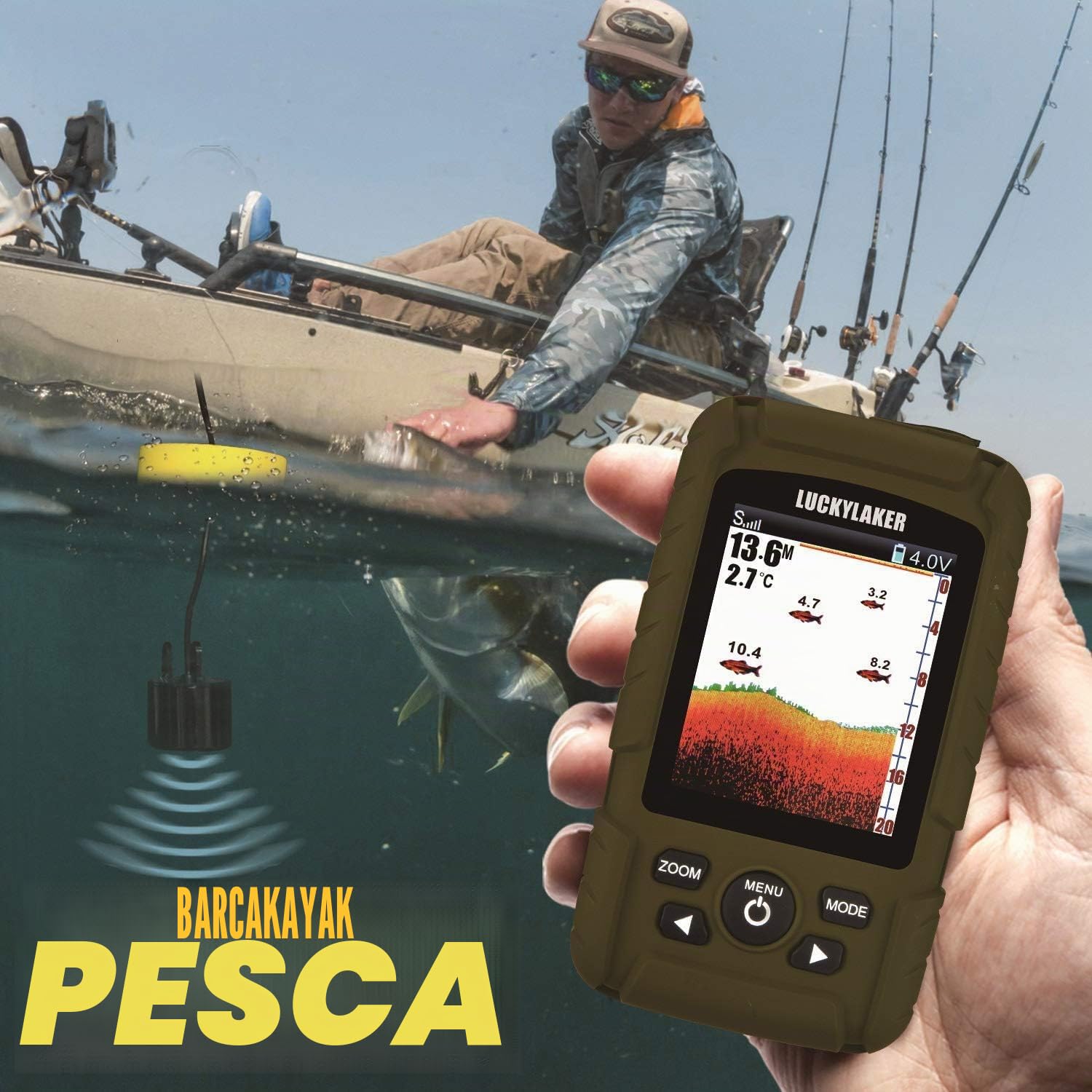 LUCKY Portatile Ecoscandaglio da Pesca profondità Ecoscandaglio da Pesca Barca Trasduttore profondità Fishfinder in Kayak