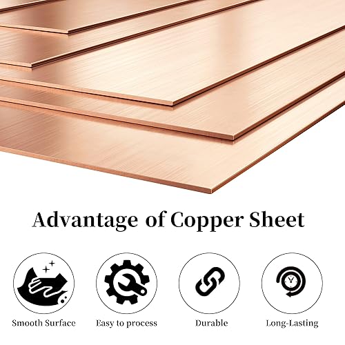 Miniatura 5 de BELLA BAYS 3 piezas 99.9% + hoja de cobre puro, 6 x 6 pulgadas, calibre 28 (0.013in) de grosor, placas de cobre adjuntas con película, sin arañazos