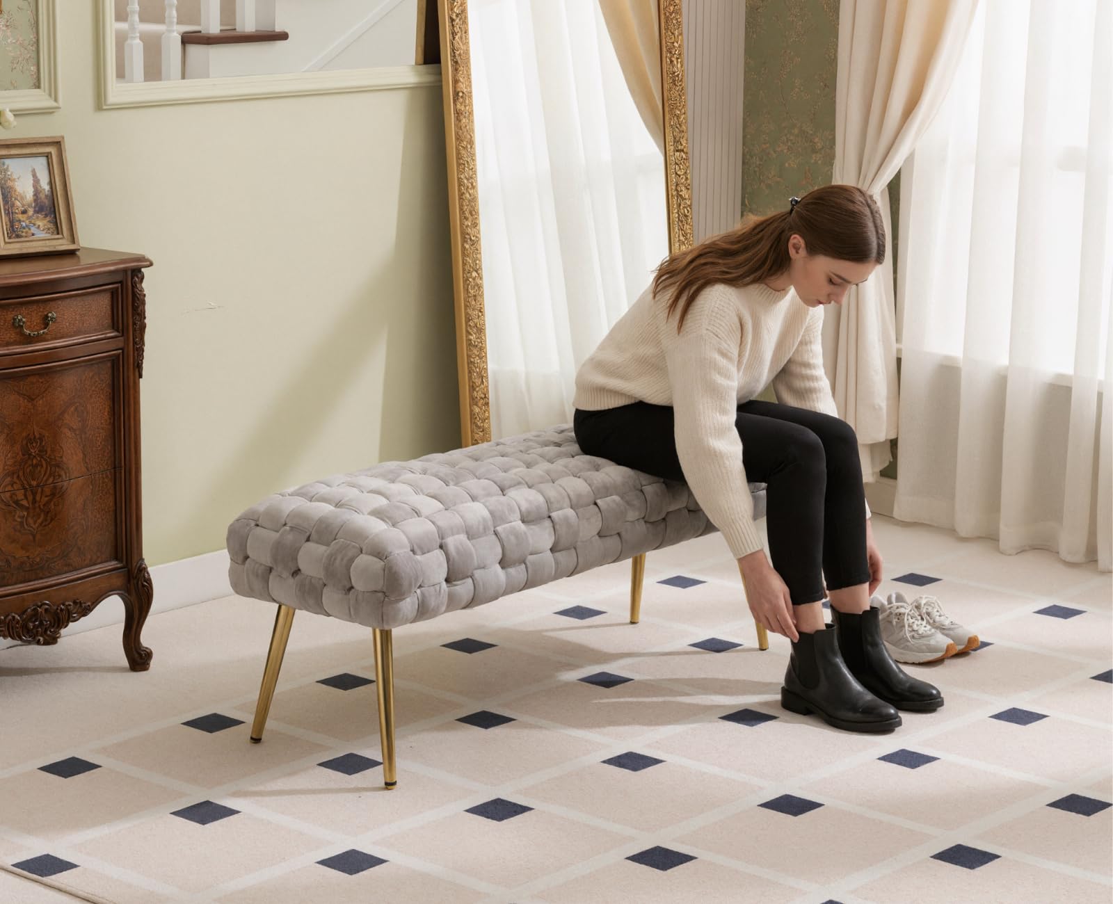 Ya-Home Banquette en Velours Banc Entrée Bout de Lit avec Pieds en Métal Doré Banc Ottoman pour Chambre Salon, Gris