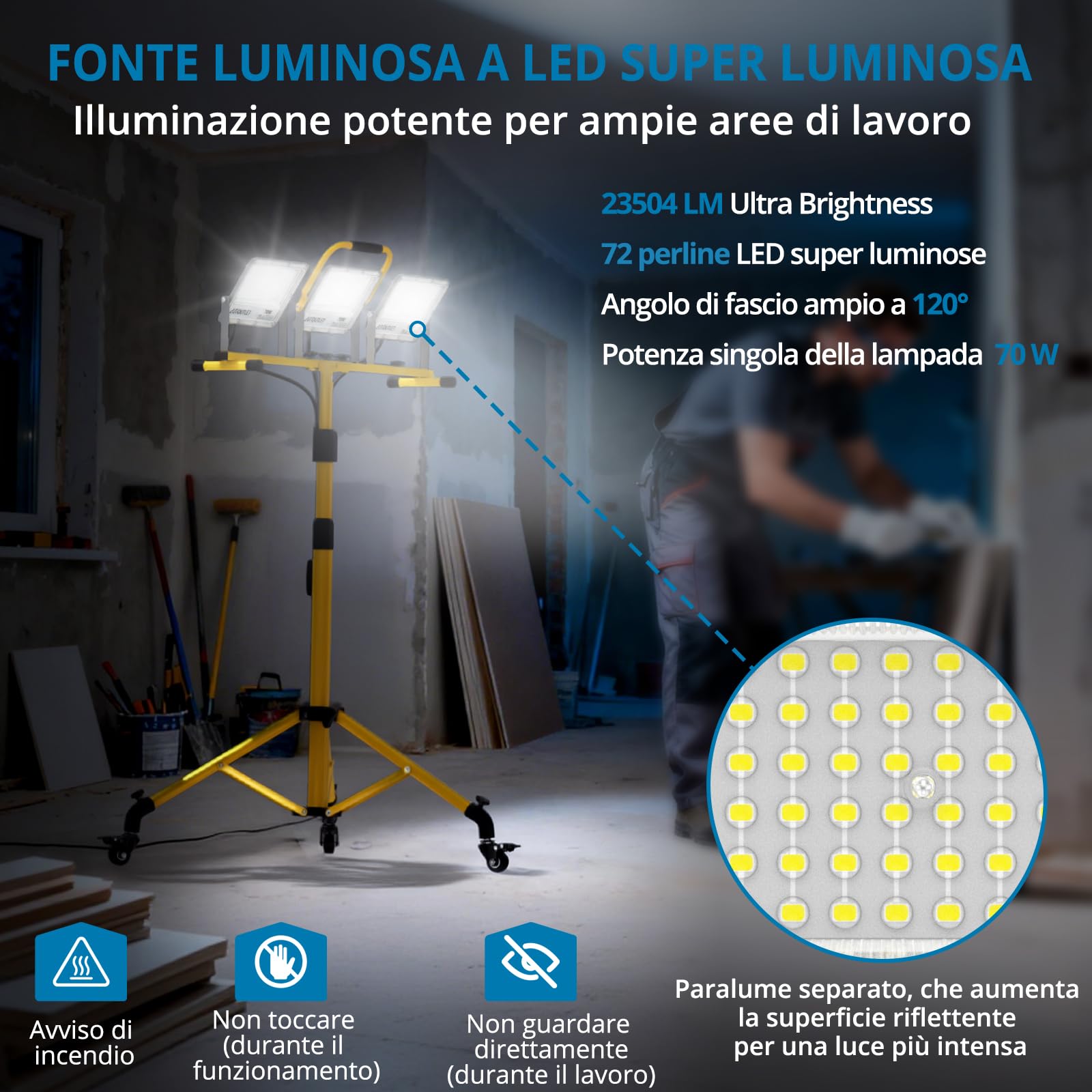 AUTOUTLET 3x 70W 23504LM Faro da Cantiere con Treppiede Allungabile e Ruote | Faretto Led da Esterno con Interruttore e Cavo di Alimentazione da 5 M,IP66 Impermeabile,per Garage Officina Campeggio