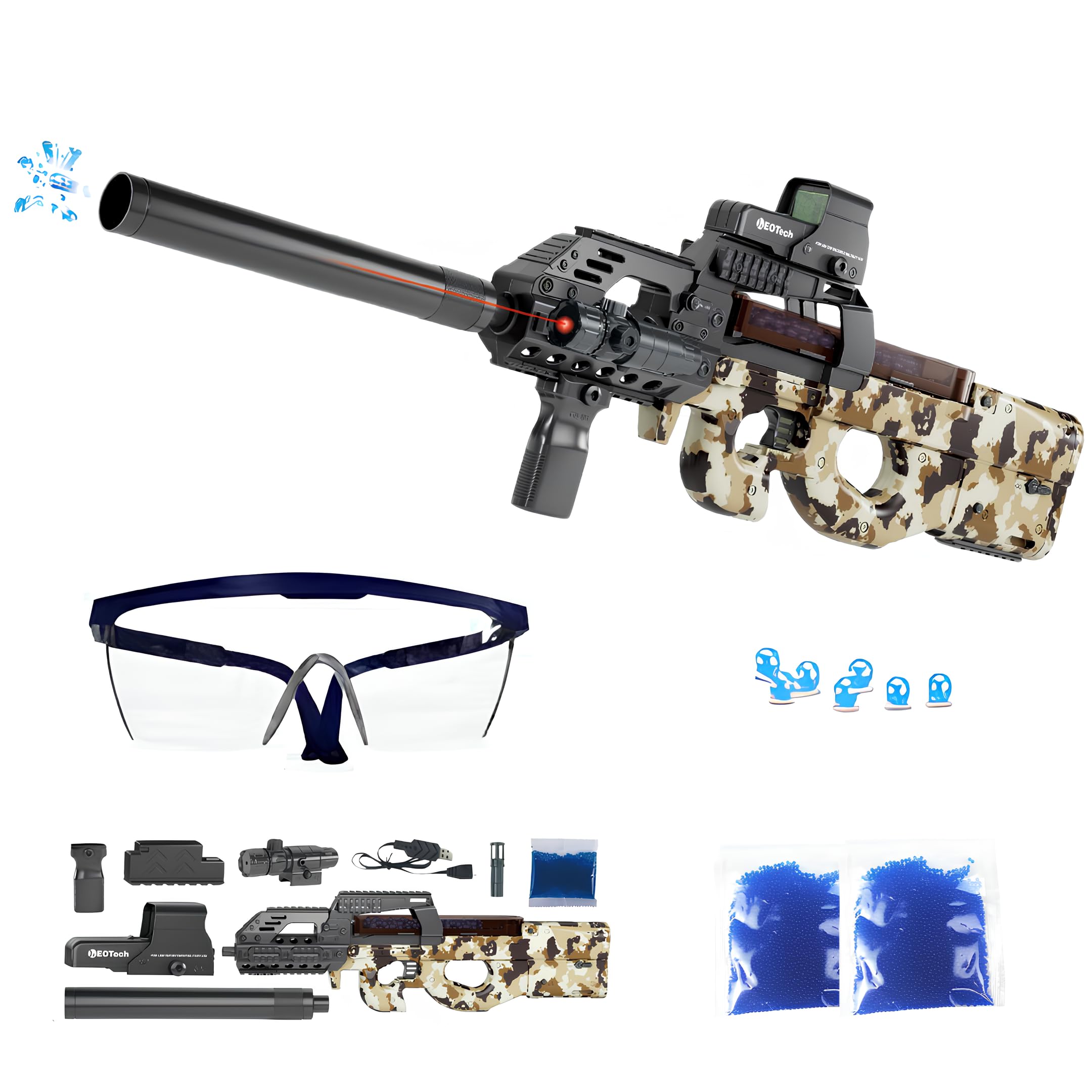 Gel Blaster Gun P90 – Pistola de agua eléctrica automática – 20000 bolas y gafas – Watersoft Potente fusil arma ametralladora – Adulto Gelfire Water Gun