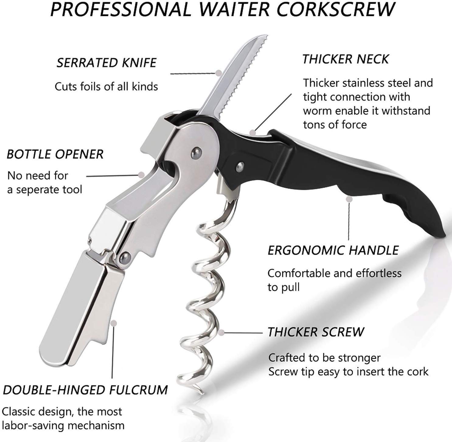 NJ Corkscrew Upgraded Heavy Duty Wine Opener with Foil Cutter and Bottle Opener for Restaurant Waiters, Sommelier, Bartenders, Corkscrew for Wine and Beer:1 Pc. 3